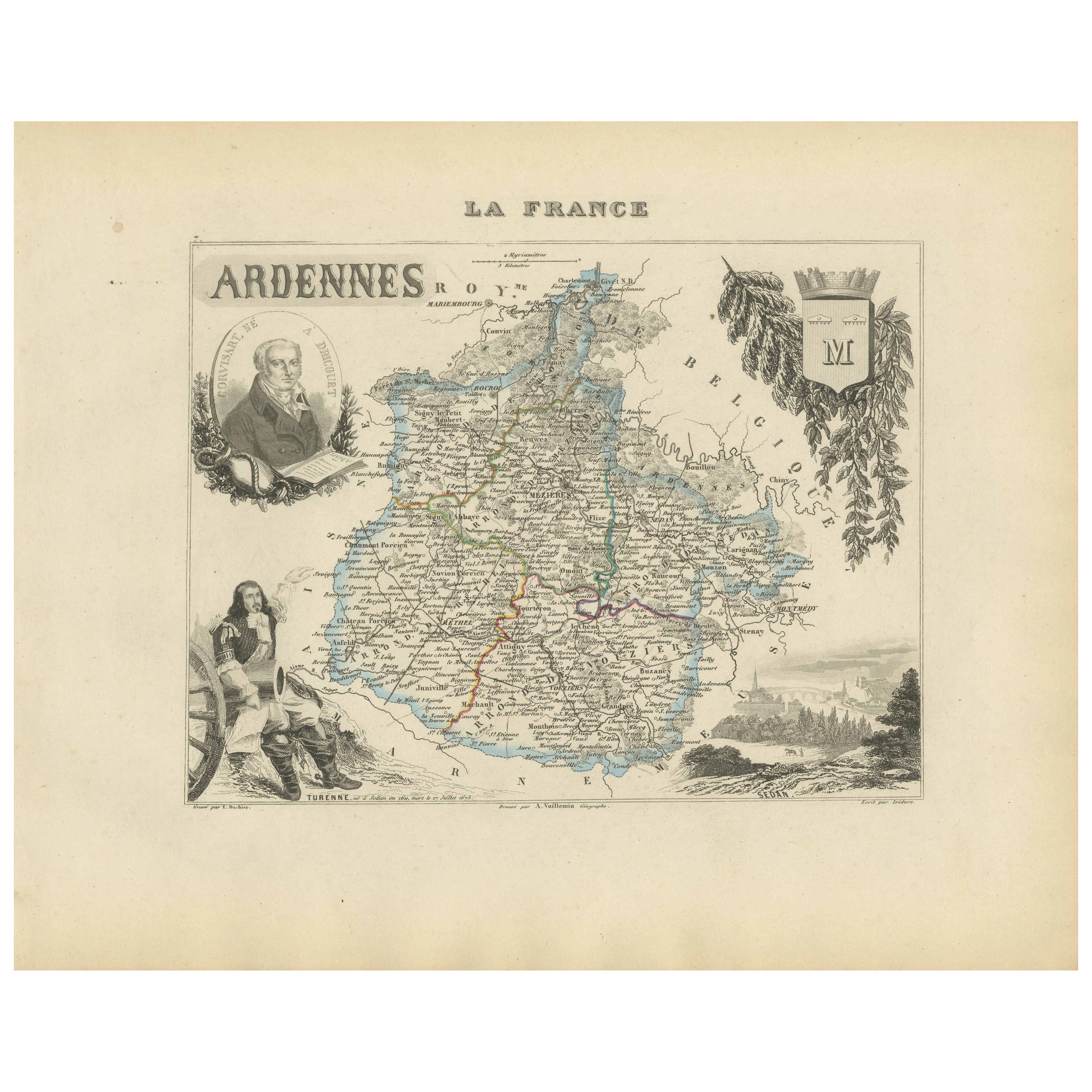 Map of Ardennes France with Sedan and Military History by Vuillemin, c.1850