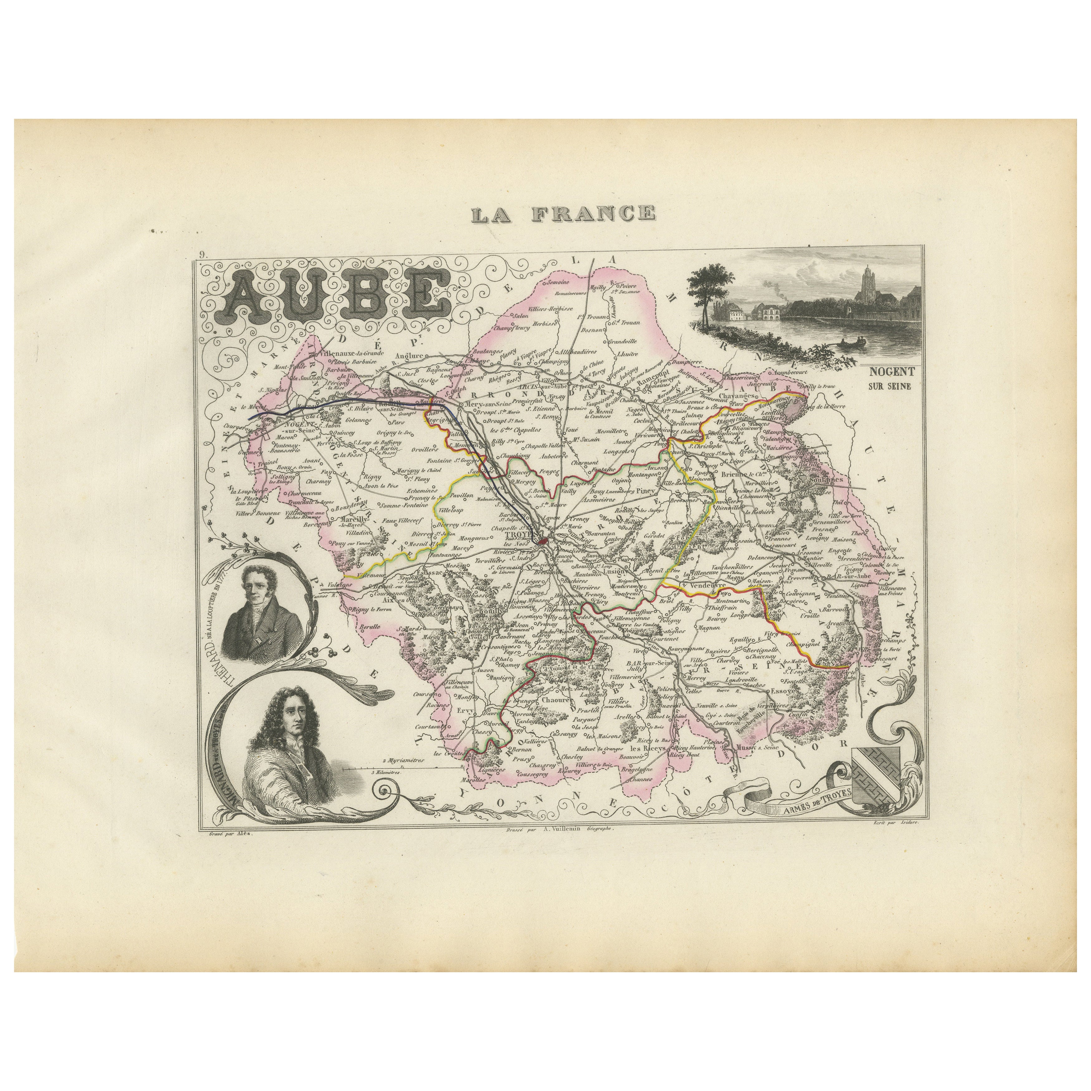 Map of Aube France with Troyes and Champagne Wine Region, 19th Century