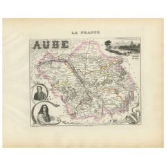 Map of Aube France with Troyes and Champagne Wine Region, 19th Century
