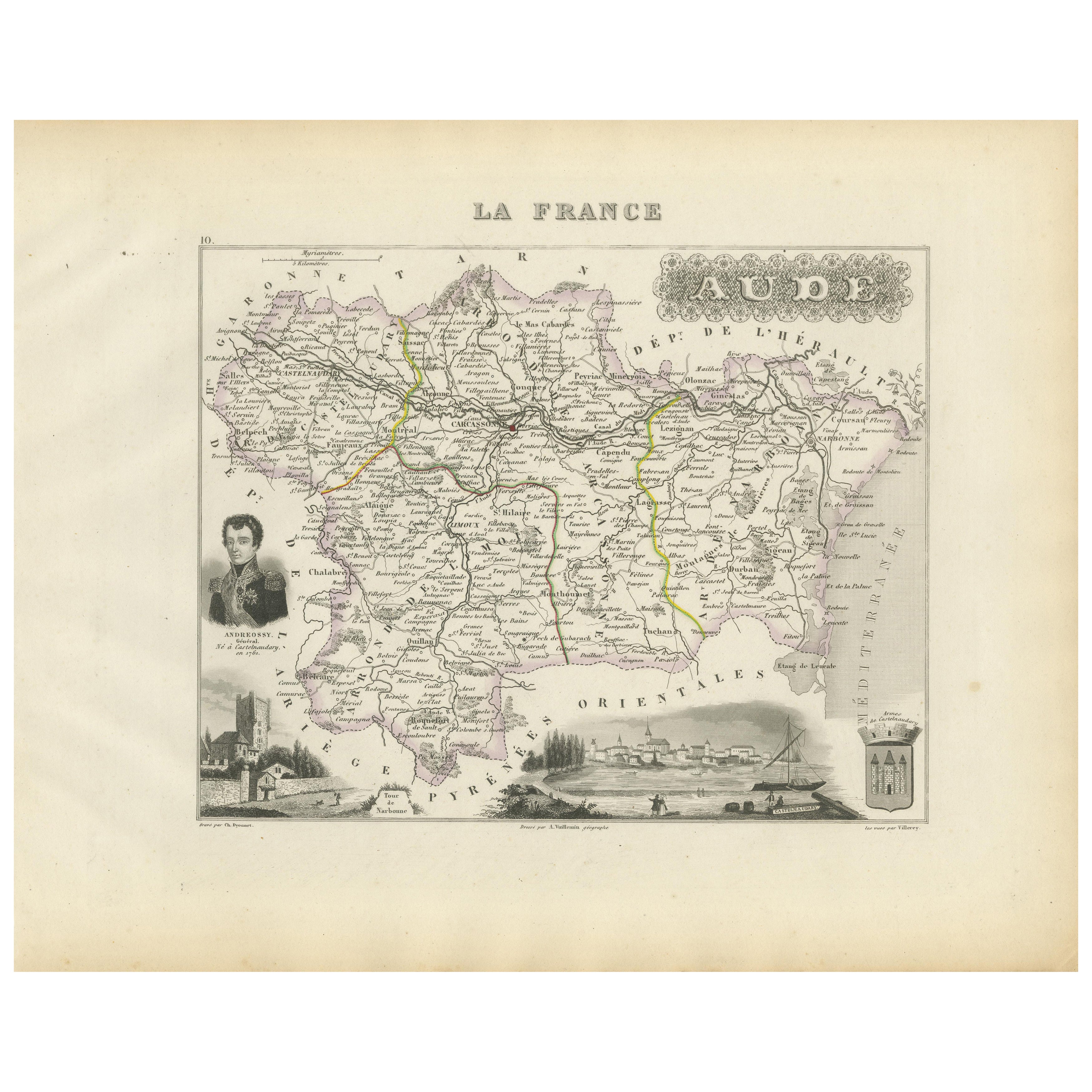 Map of Aude France with Carcassonne and Languedoc Vineyards, 19th Century