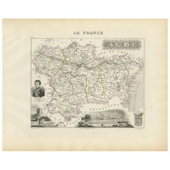 Map of Aude France with Carcassonne and Languedoc Vineyards, 19th Century