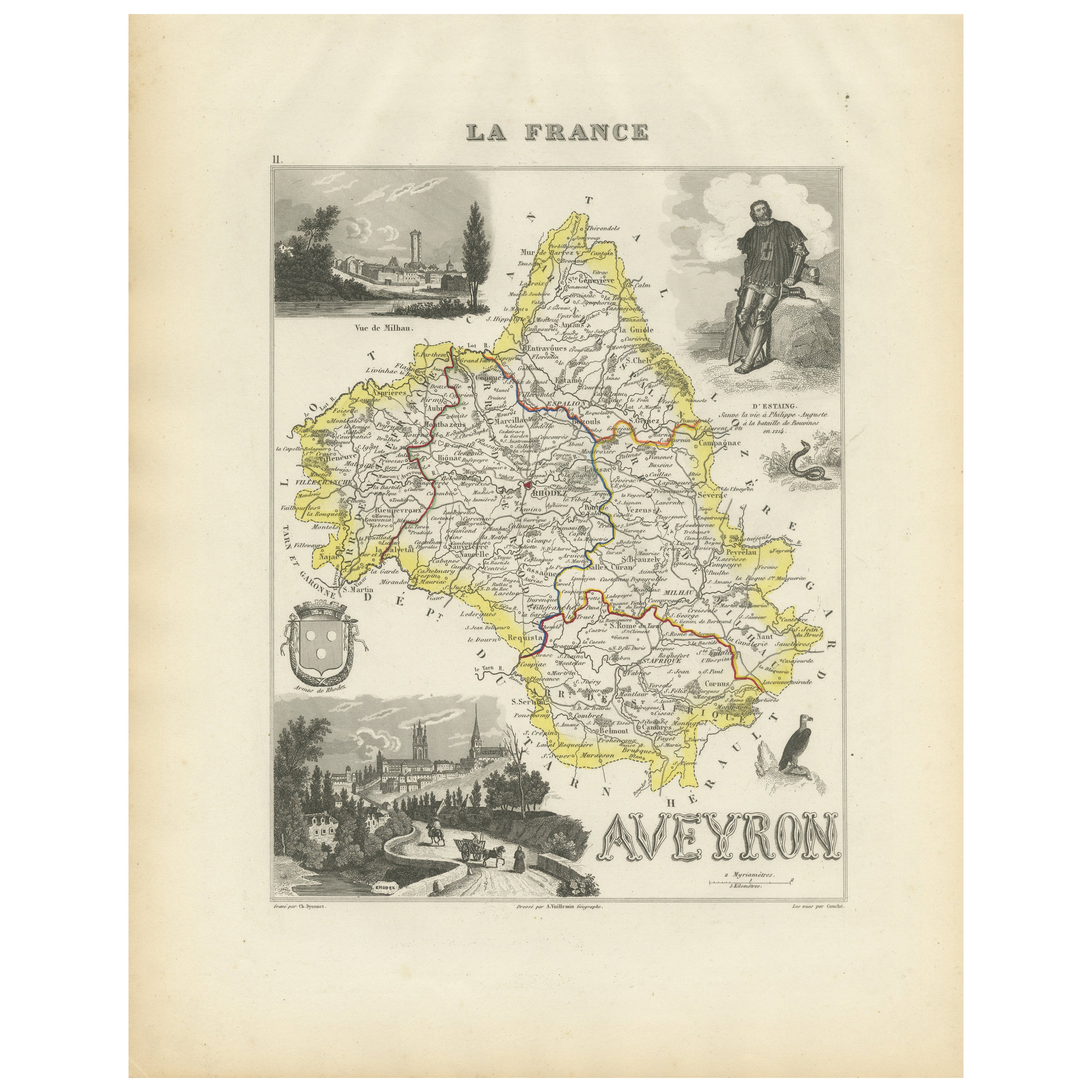 Map of Aveyron France with Rodez, Millau and Wine Routes, 19th Century