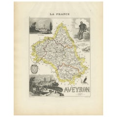 Map of Aveyron France with Rodez, Millau and Wine Routes, 19th Century