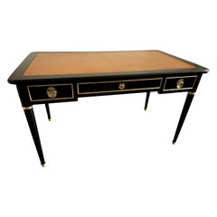 Antique French Louis XVI Writing Desk Cognac Leather, Bonze & Brass