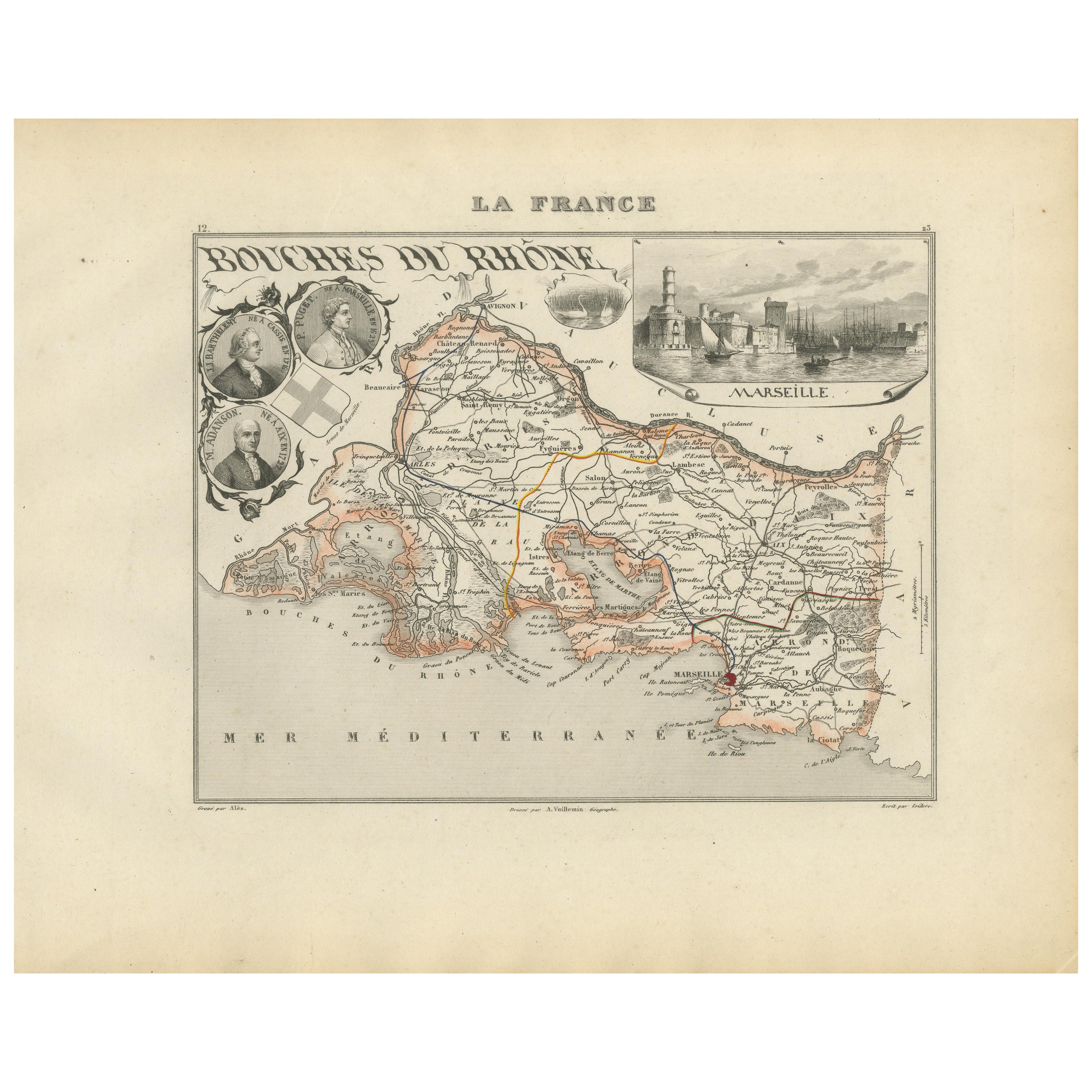 Map of Bouches-du-Rhône France with Marseille and Rhône Delta, 19th Century
