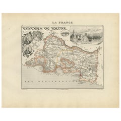 Antique Map of Bouches-du-Rhône France with Marseille and Rhône Delta, 19th Century