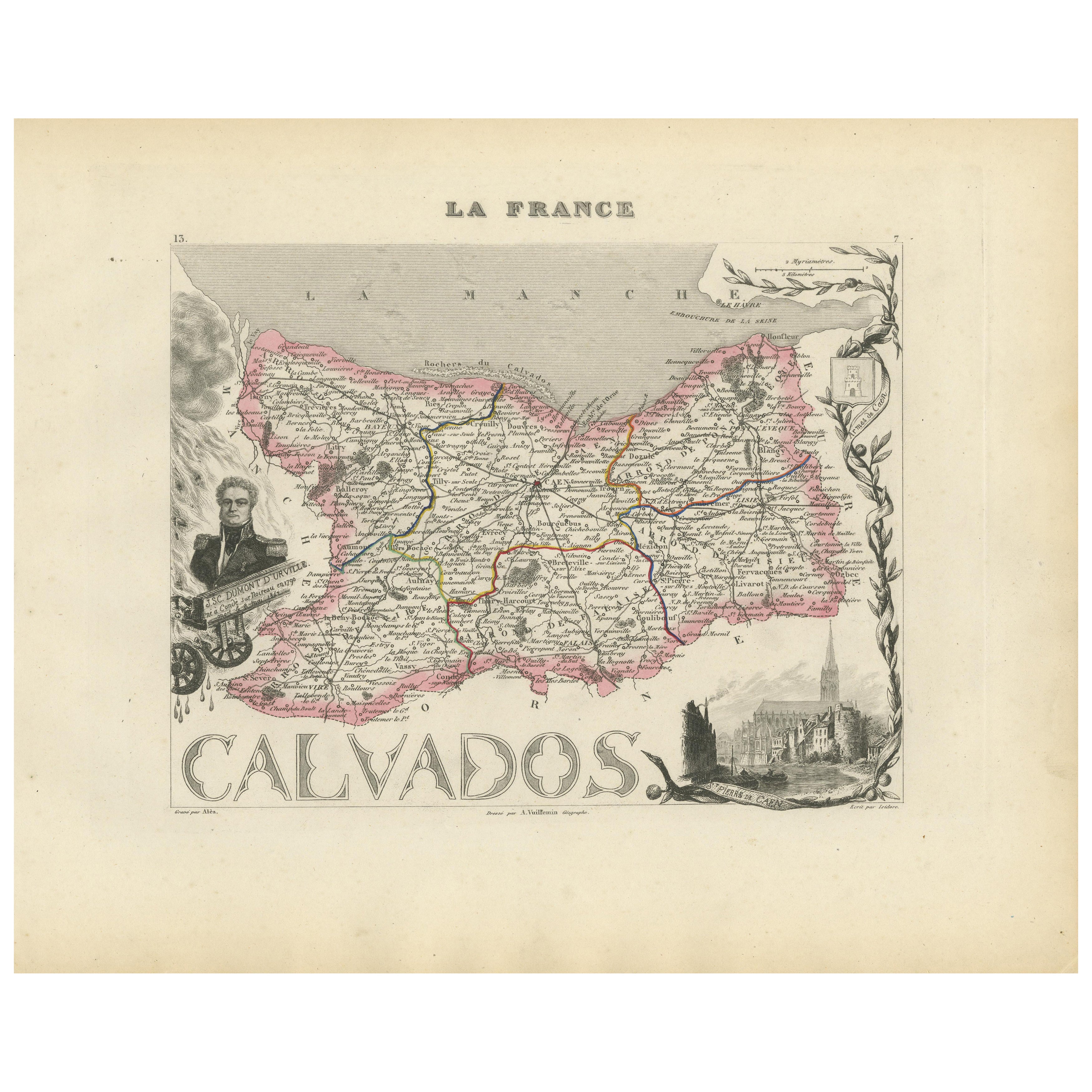 Map of Calvados France with Caen and Cider-Brandy Region, 19th Century