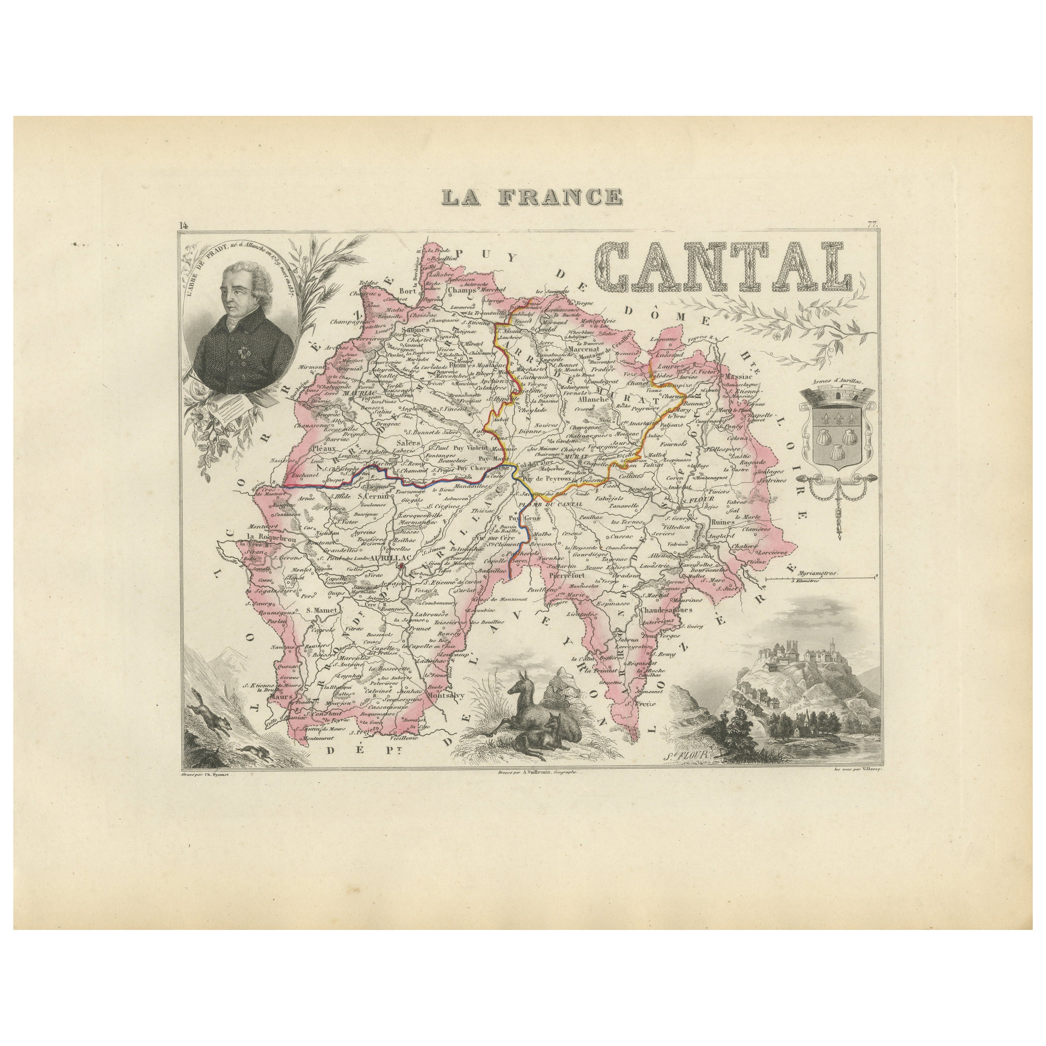 Map of Cantal France with Aurillac, Volcanic Peaks and Rural Life, 19th Century For Sale