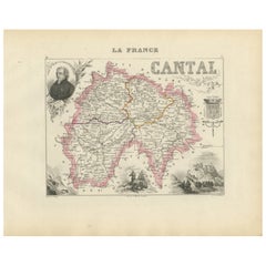 Map of Cantal France with Aurillac, Volcanic Peaks and Rural Life, 19th Century