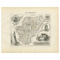 Map of Charente France with Cognac Region and Château de La Rochefoucauld, 1850