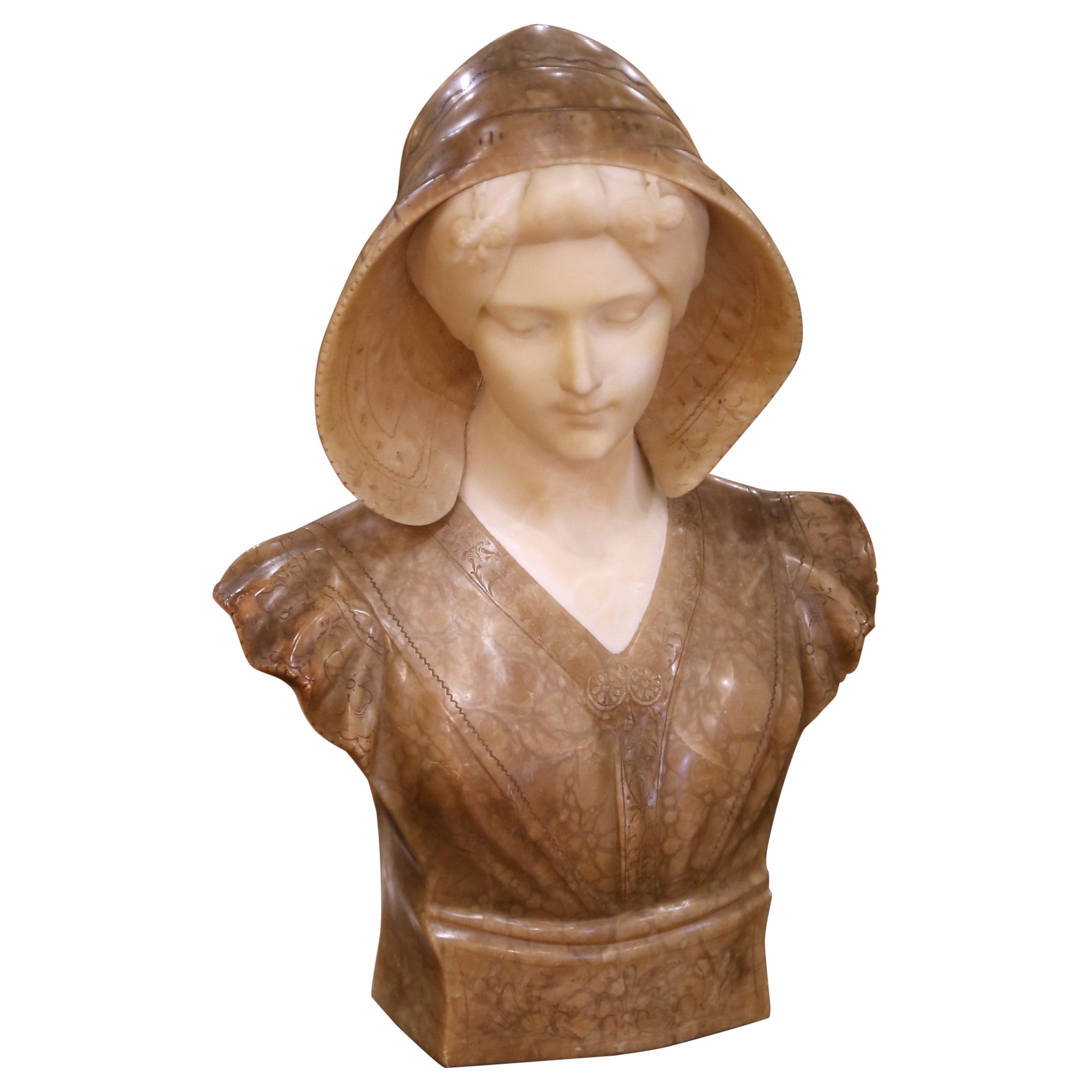 Buste de jeune fille en marbre italien sculpté du début du 20e siècle, signé Pugi en vente