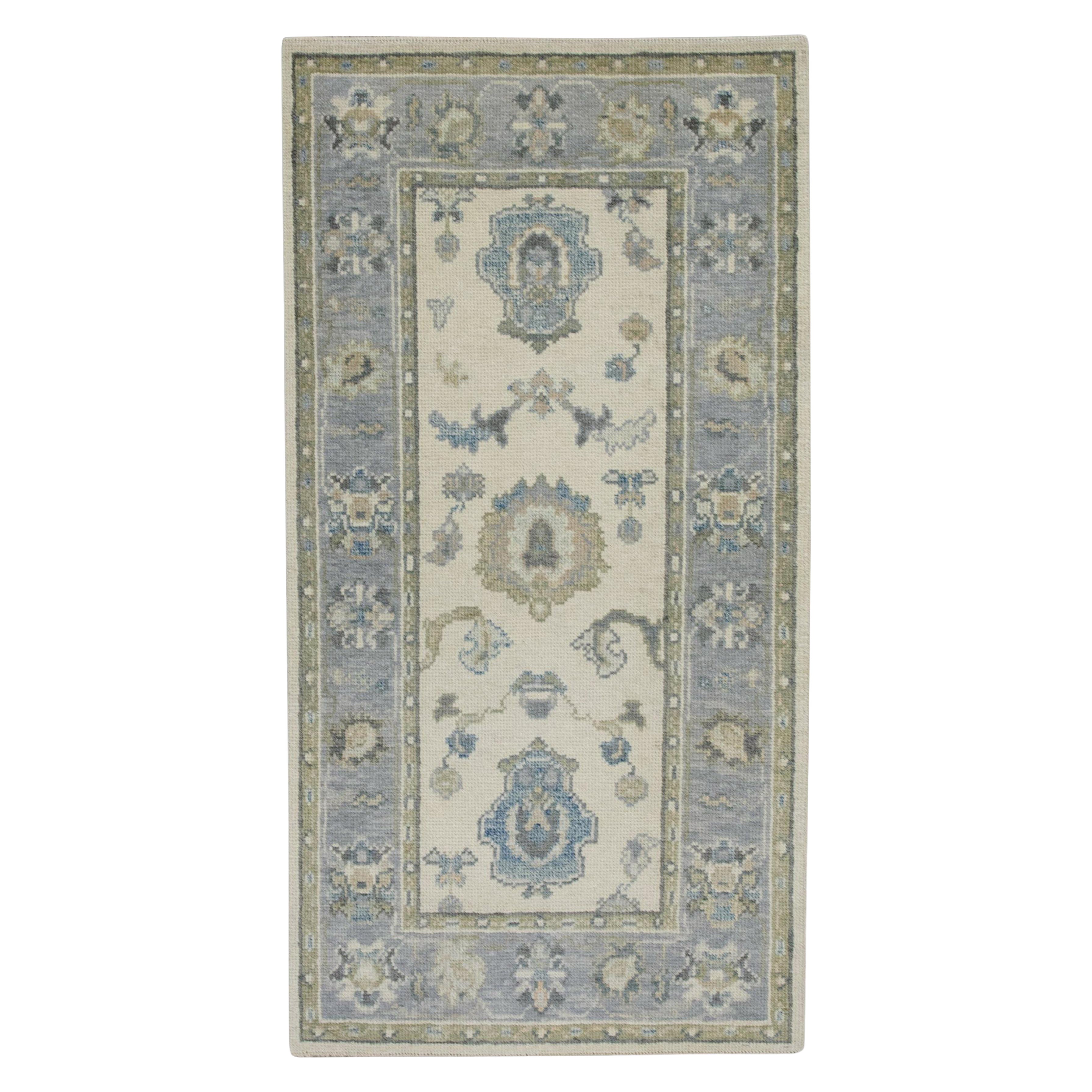 Turkish Oushak Rug Cream & Blue Handwoven Wool Rug 2'8" x 5'4"