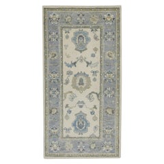 Turkish Oushak Rug Cream & Blue Handwoven Wool Rug 2'8" x 5'4"