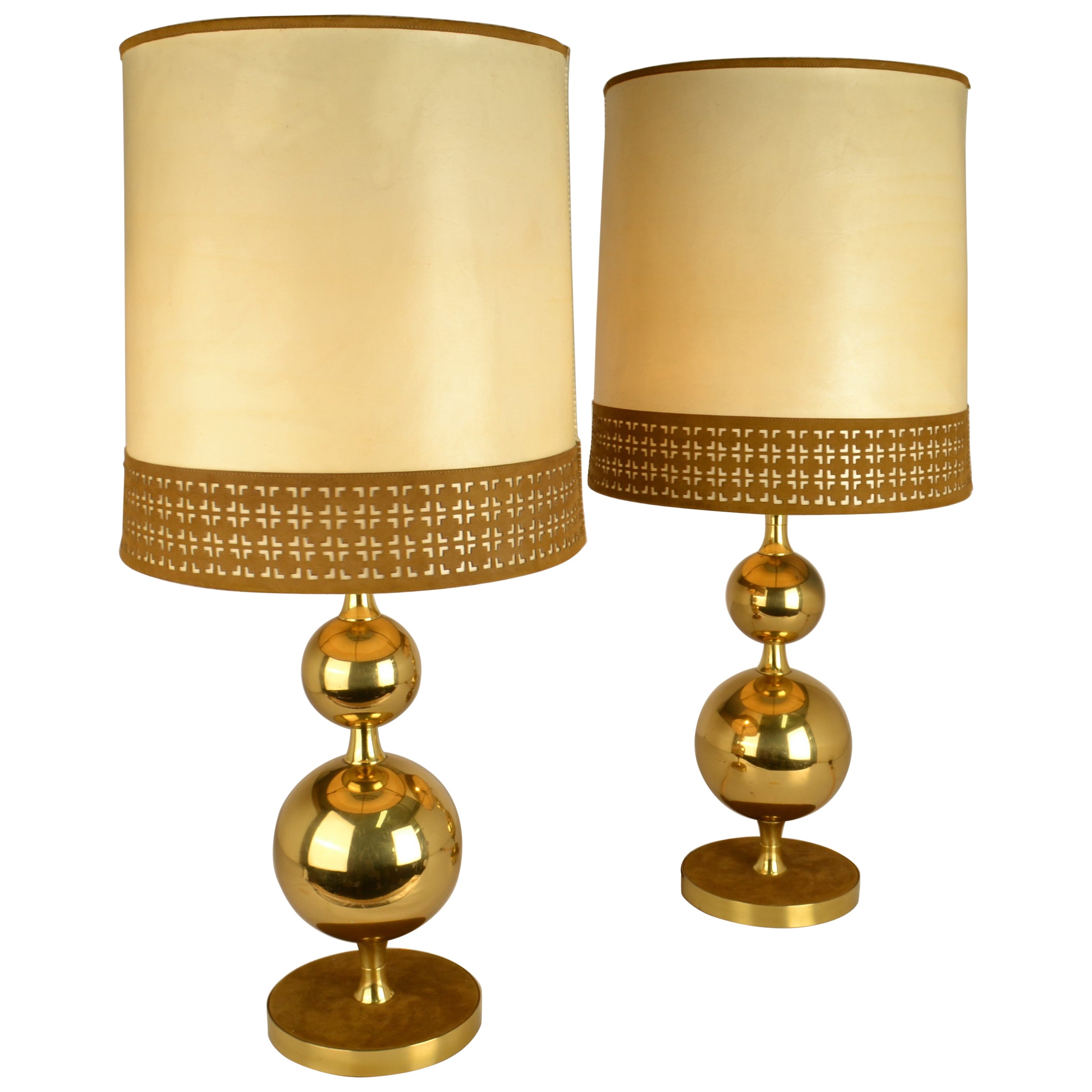 Pair of Parchment Leather Shades Table Lamps on Brass Bases 1970's in vendita