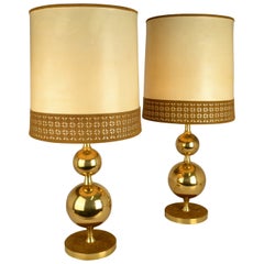 Pair of Parchment Leather Shades Table Lamps on Brass Bases 1970's