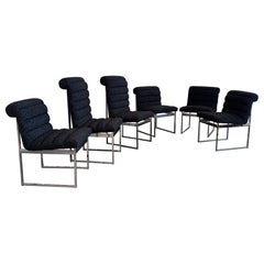 Set di sei sedie da pranzo imbottite in stile Milo Baughman con rivestimento in cromo