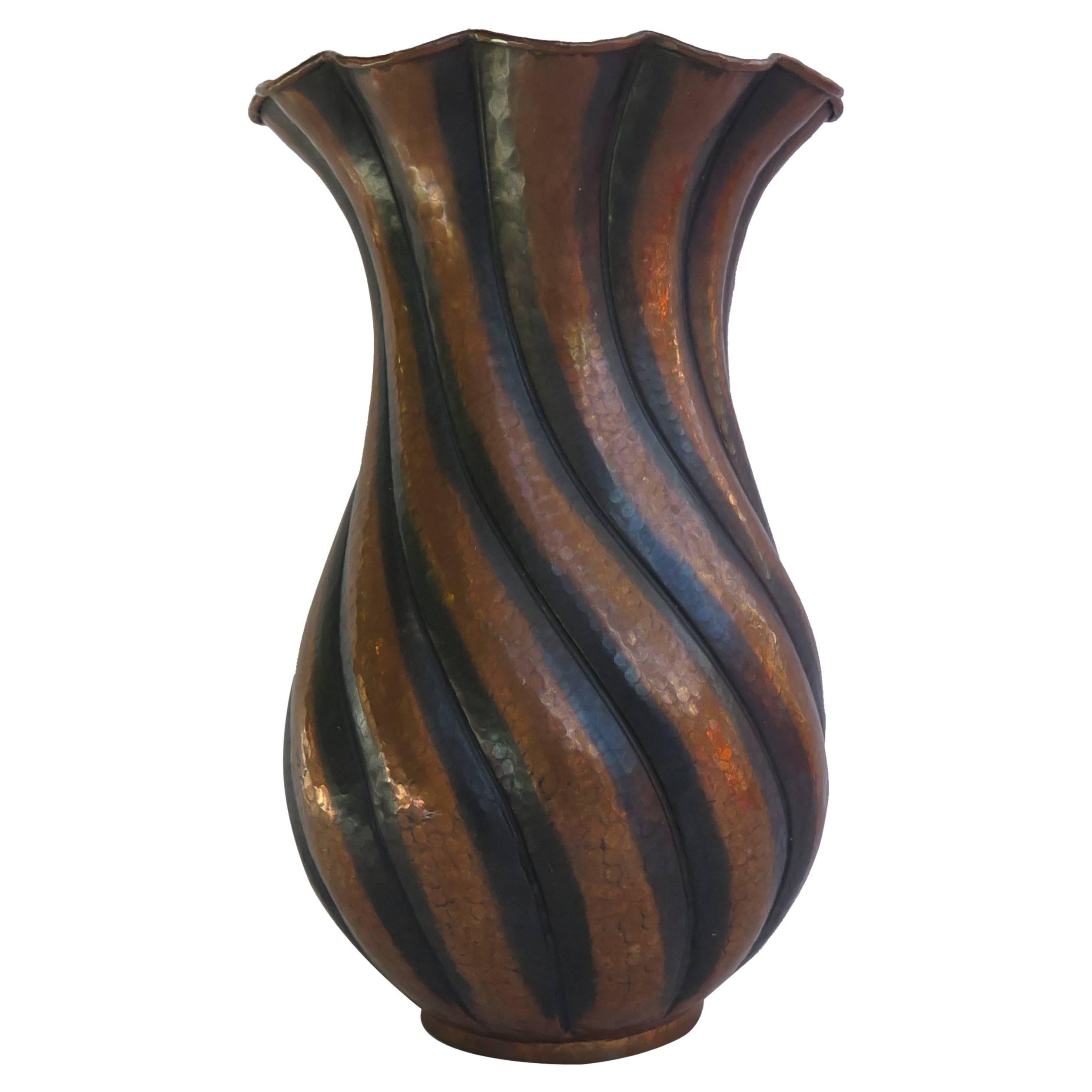 Large, Egidio Casagrande Vase, Hammered Copper, Twist Fluted, Italy, circa 1930