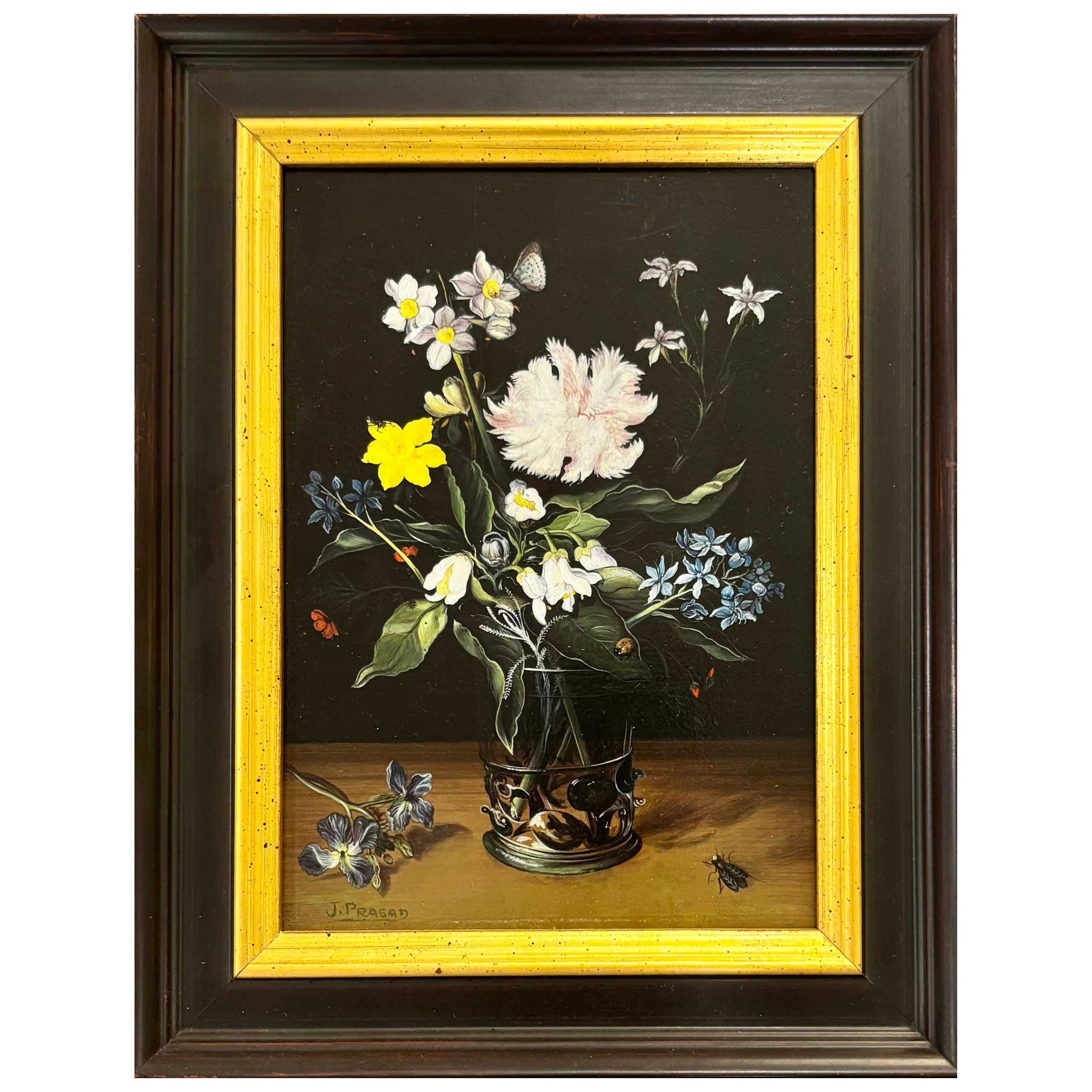 Jaggu Prasad "Vase mit Wildblumen und Insekten" Öl auf Karton, 9" x 7" im Angebot