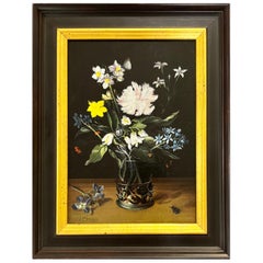 Jaggu Prasad "Vase mit Wildblumen und Insekten" Öl auf Karton, 9" x 7"