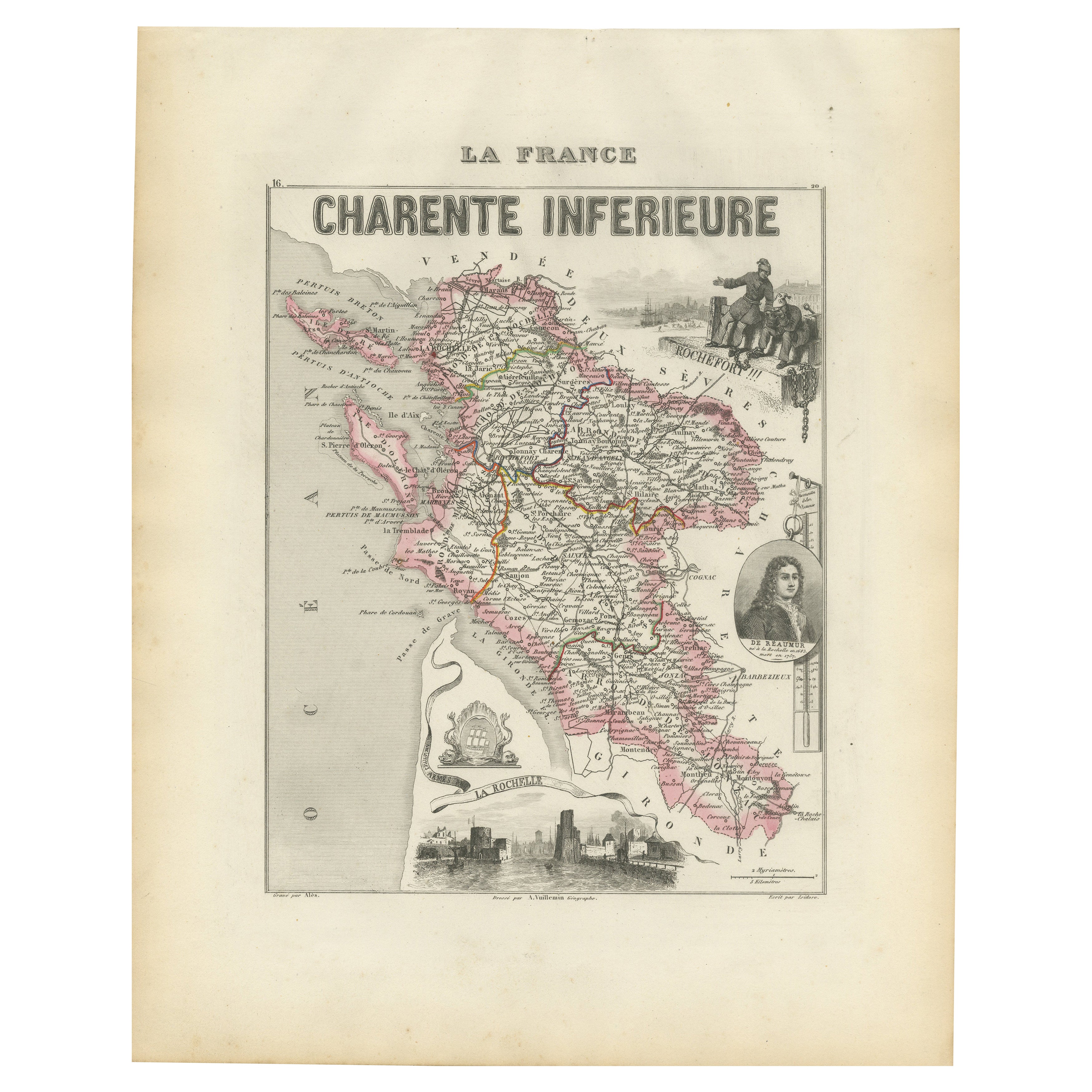 Map of Charente-Inférieure France with La Rochelle and Coastal Vineyards, c.1850