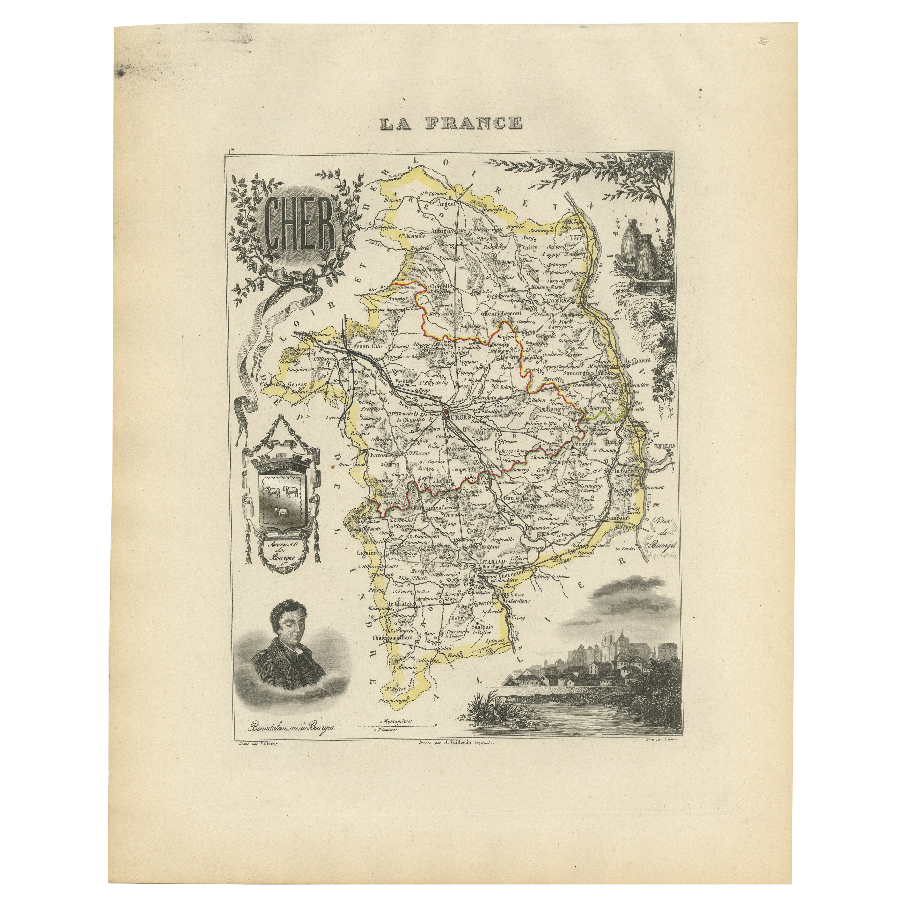 Map of Cher France with Bourges, Sancerre Vineyards and Engraved Vignettes, 1850