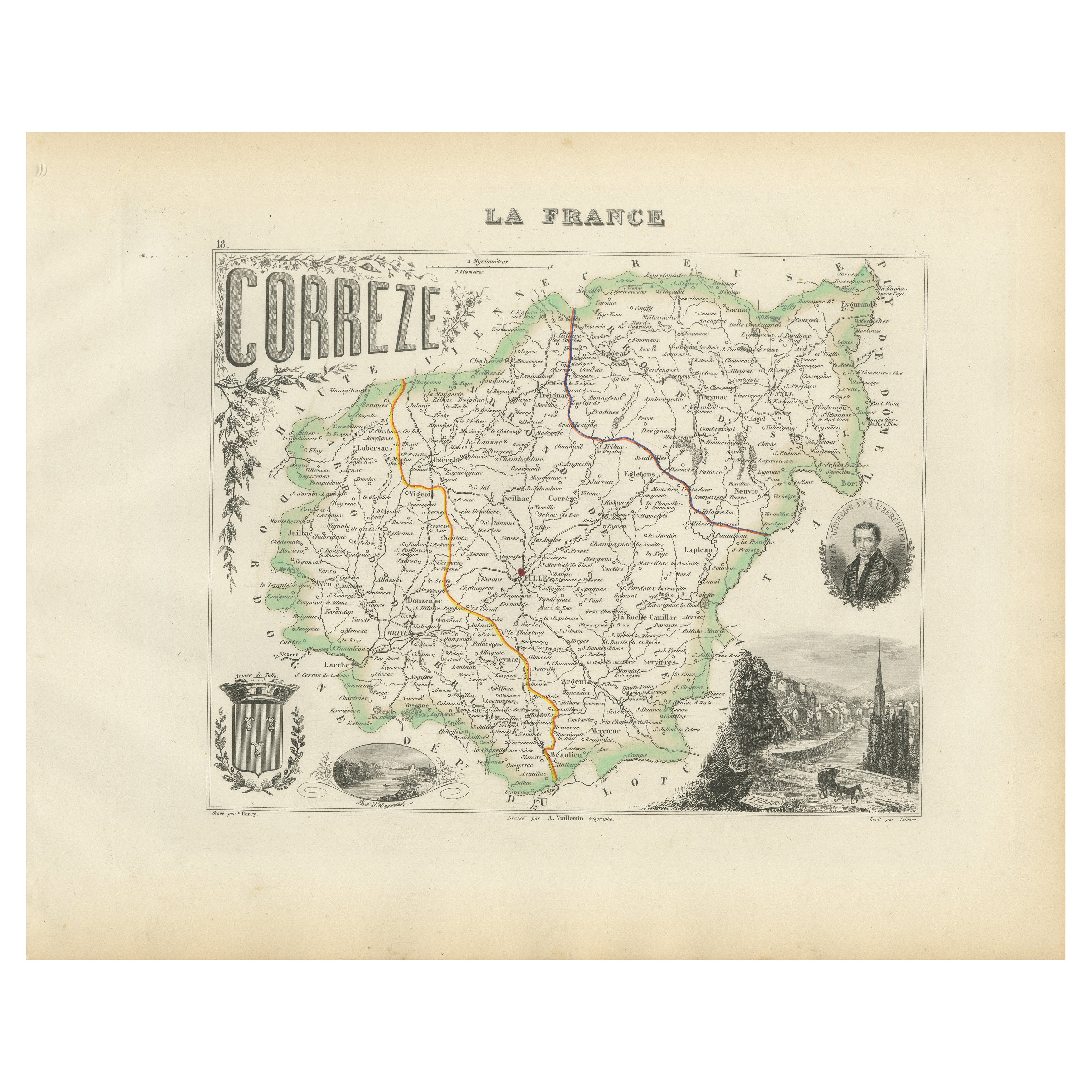 Map of Corrèze France with Brive, Tulle and Dordogne River Landscape, c.1850 For Sale