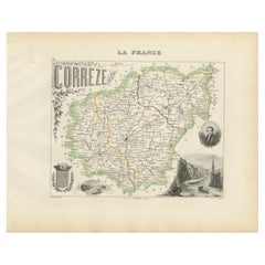Map of Corrèze France with Brive, Tulle and Dordogne River Landscape, c.1850