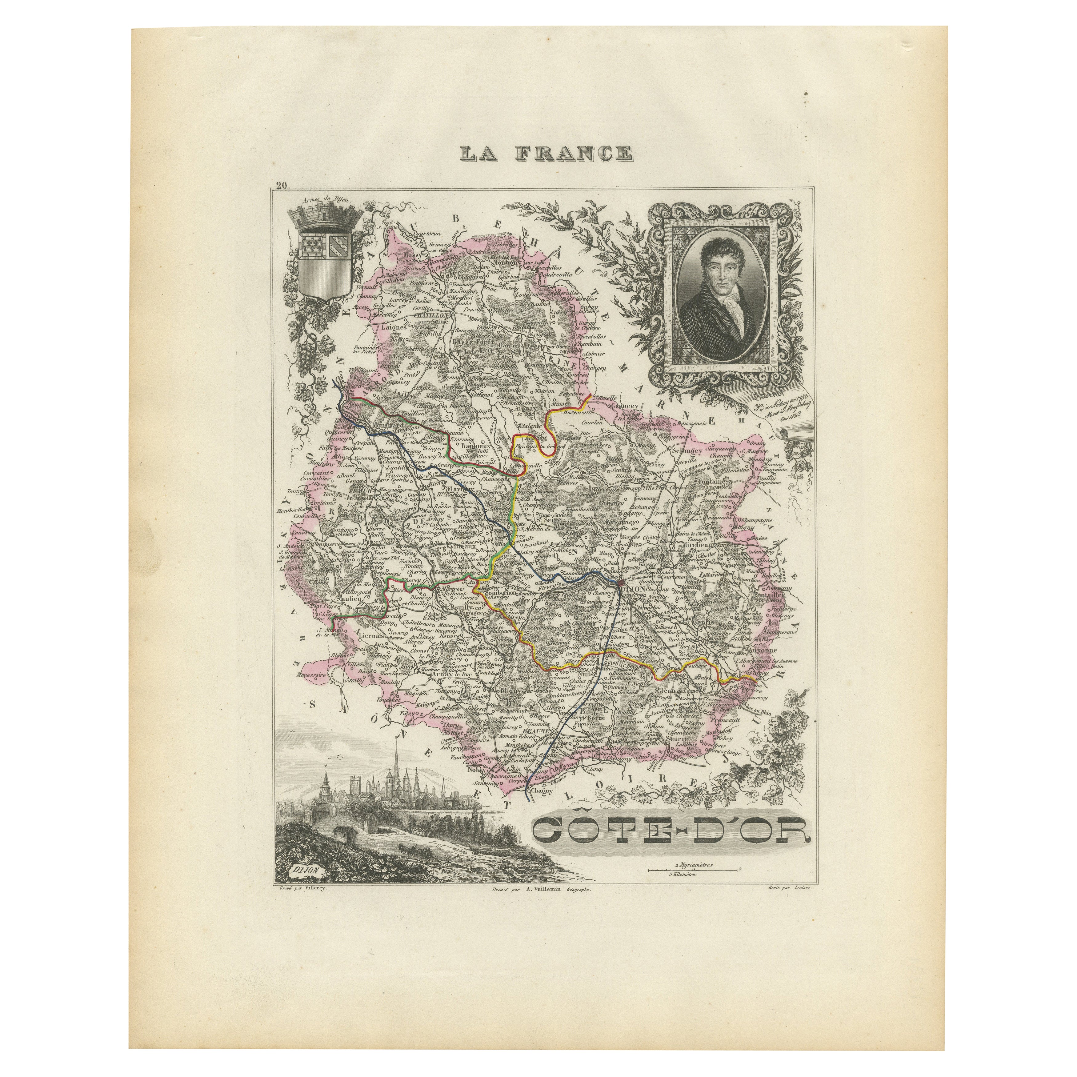 Map of Côte-d'Or France with Dijon and Burgundy Wine Region, 19th Century For Sale