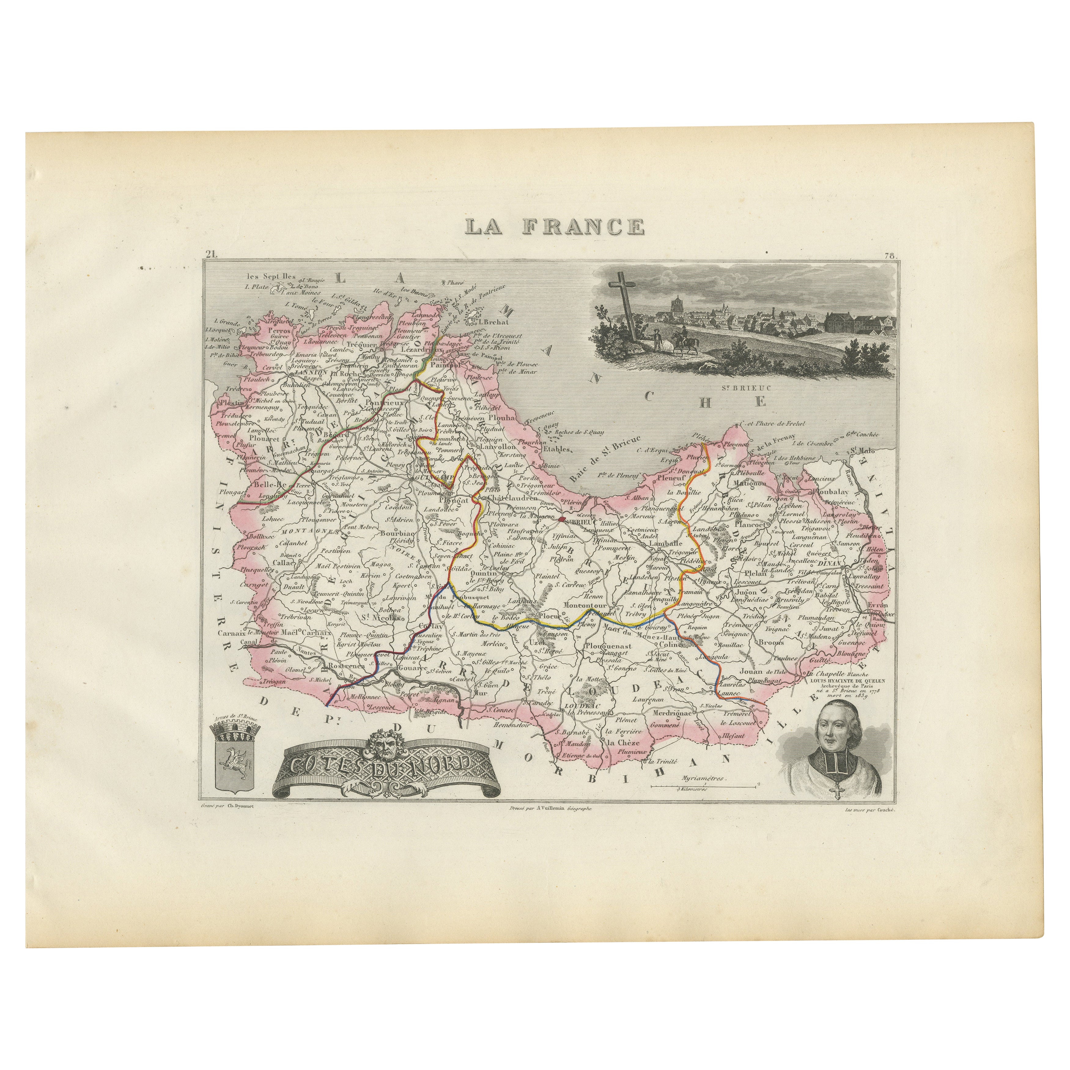 Map of Côtes-du-Nord France with Saint-Brieuc and Brittany Coastline, c.1850