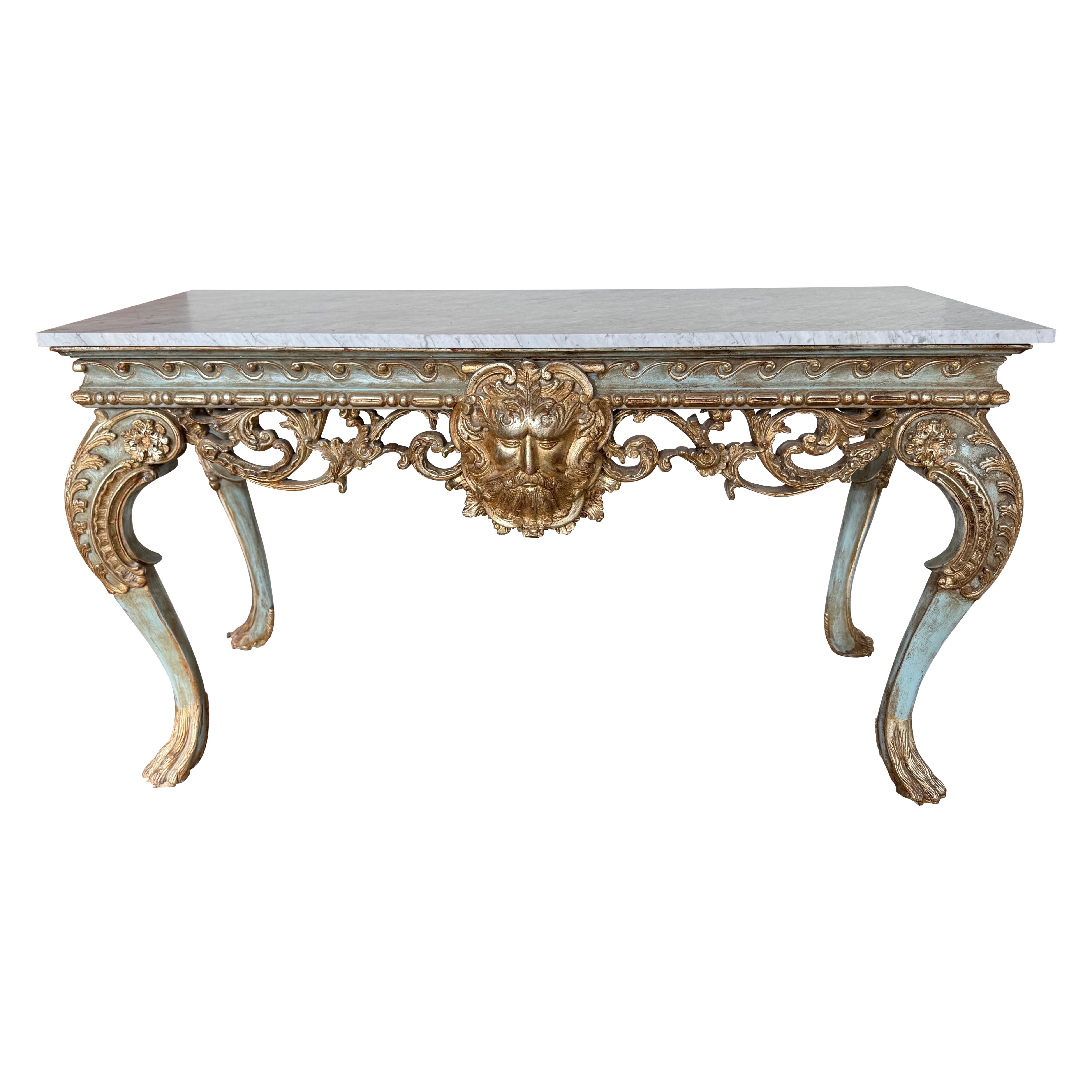 French Painted and Parcel Gilt Console with Carrara Marble Top For Sale