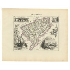 Map of Doubs France with Besançon and Swiss Border Landscape, 19th Century