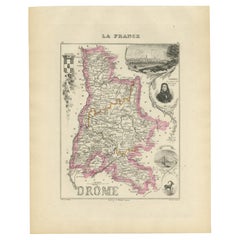 Map of Drôme France with Valence and Rhône Valley Wine Region, 19th Century