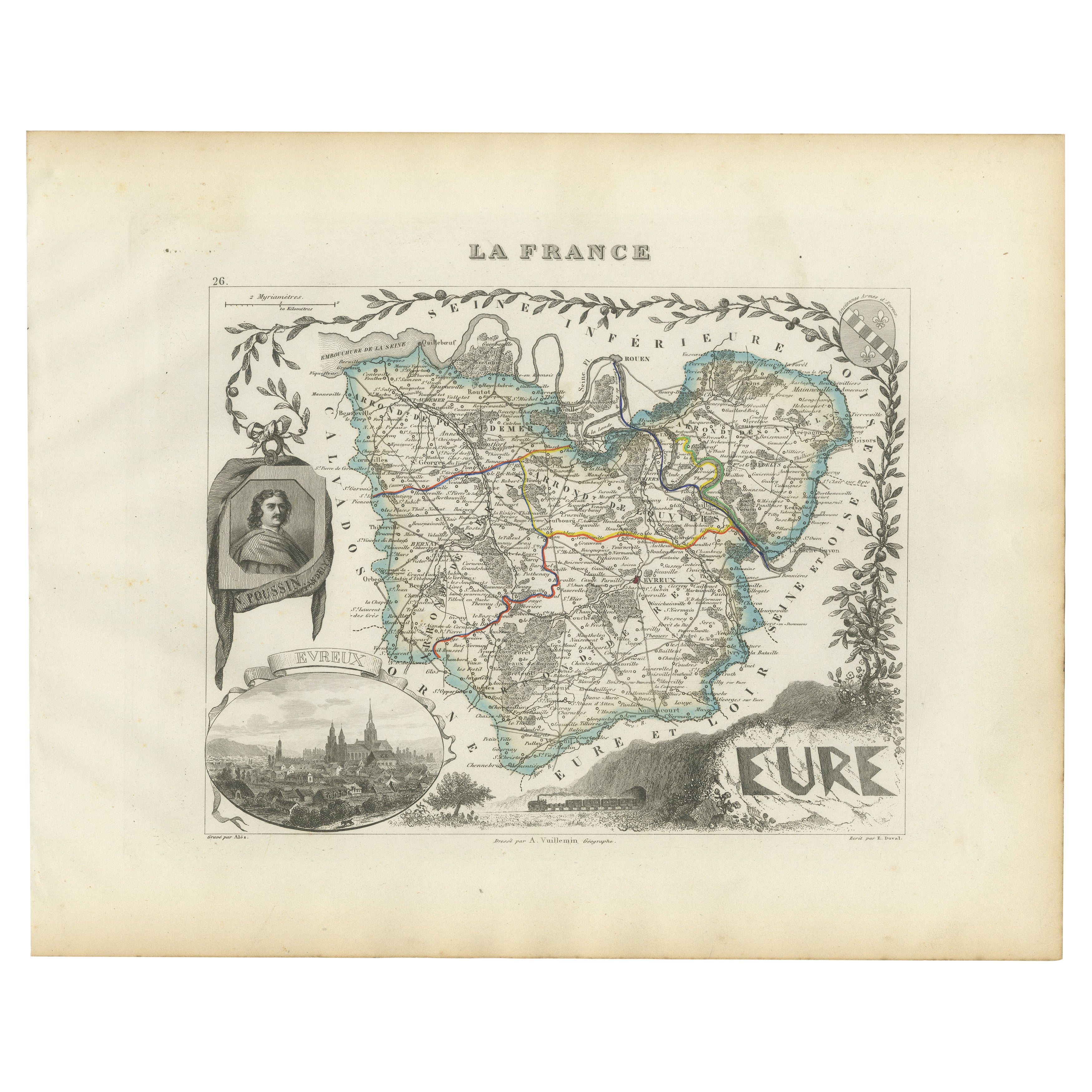 Map of Eure France with Evreux, Poussin and Normandy Countryside, 19th Century For Sale