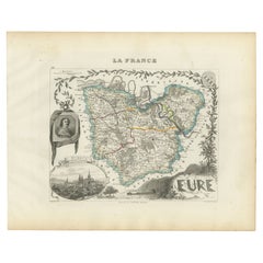 Map of Eure France with Evreux, Poussin and Normandy Countryside, 19th Century
