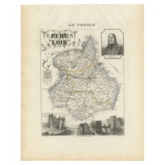 Map of Eure-et-Loir France with Chartres Cathedral and Marceau Portrait, c.1850