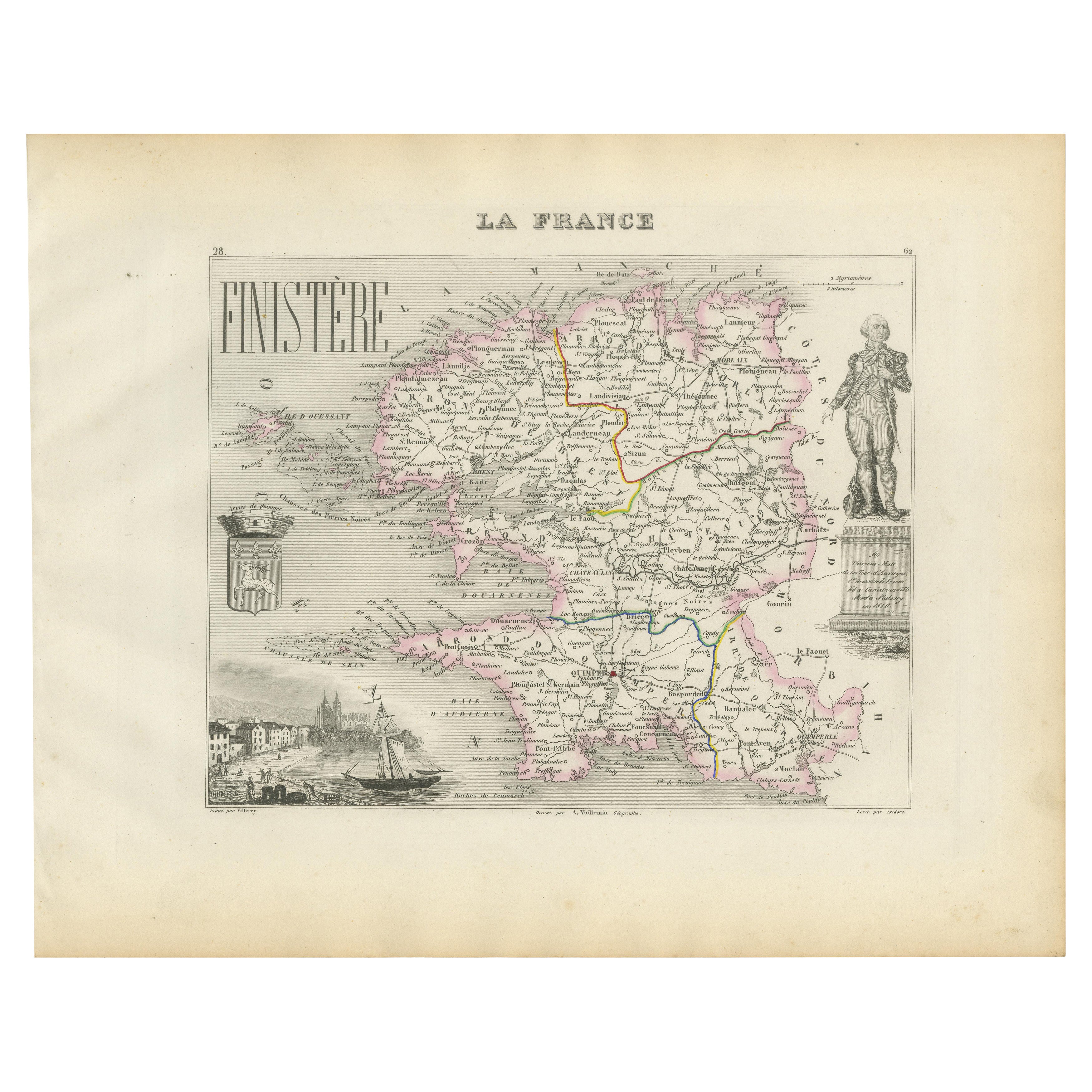 Map of Finistère France with Brest, Quimper and Brittany Coastline, 19th Century For Sale