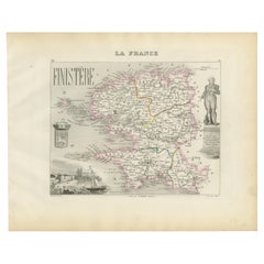 Map of Finistère France with Brest, Quimper and Brittany Coastline, 19th Century