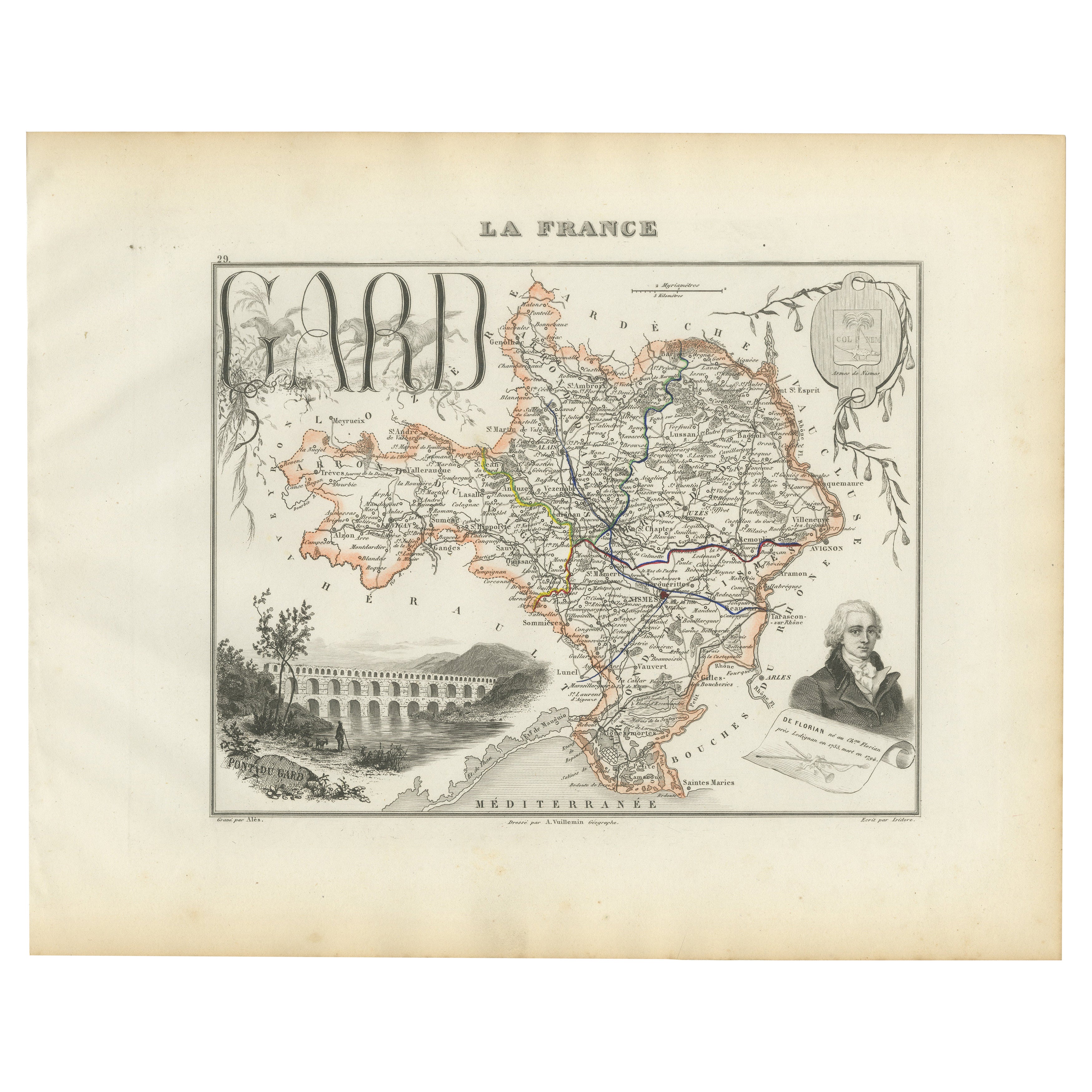 Map of Gard France with Pont du Gard and Wine Regions by Vuillemin, 19th c For Sale