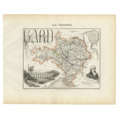 Map of Gard France with Pont du Gard and Wine Regions by Vuillemin, 19th c