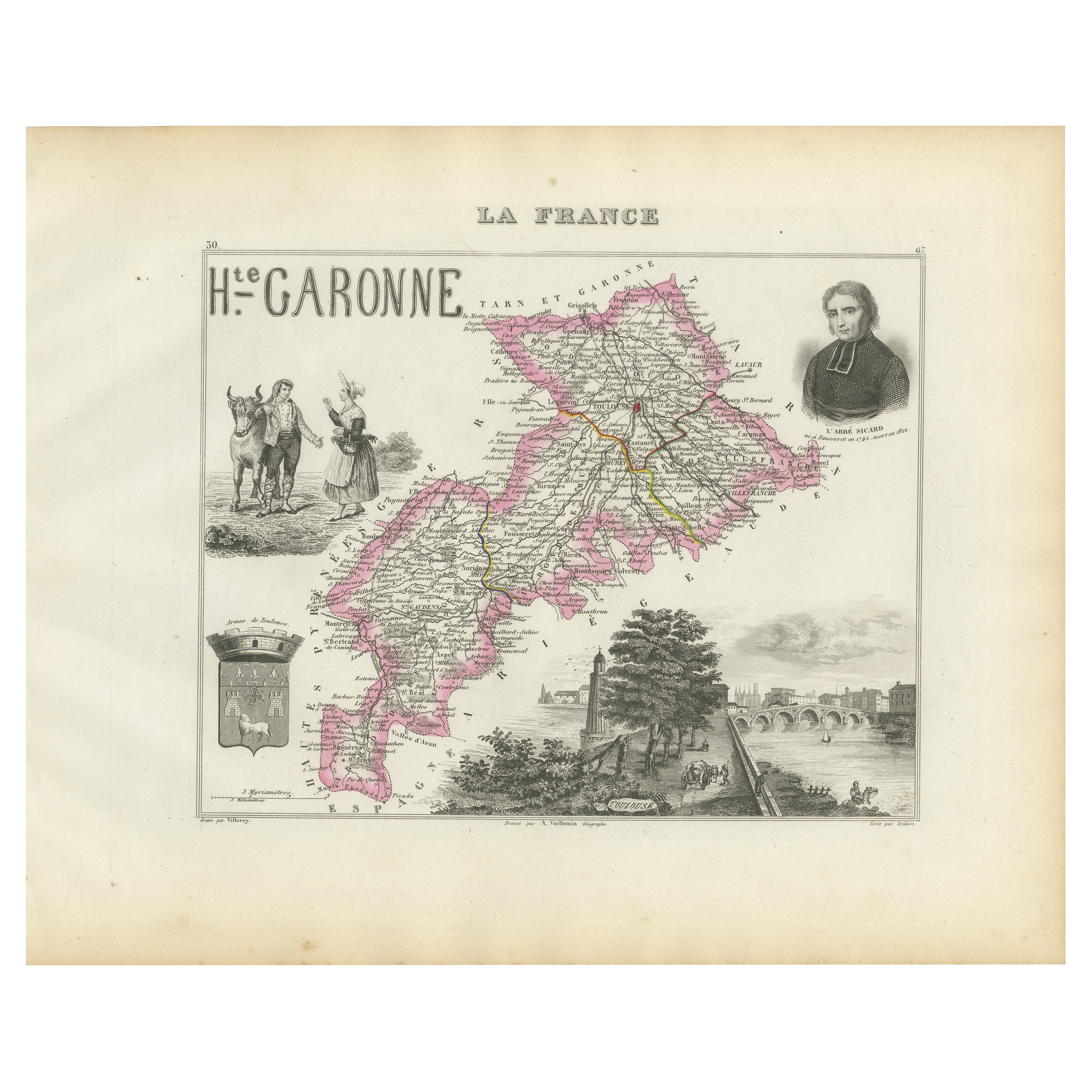 Map of Haute-Garonne France with Toulouse and Garonne River by Vuillemin, c.1850 For Sale