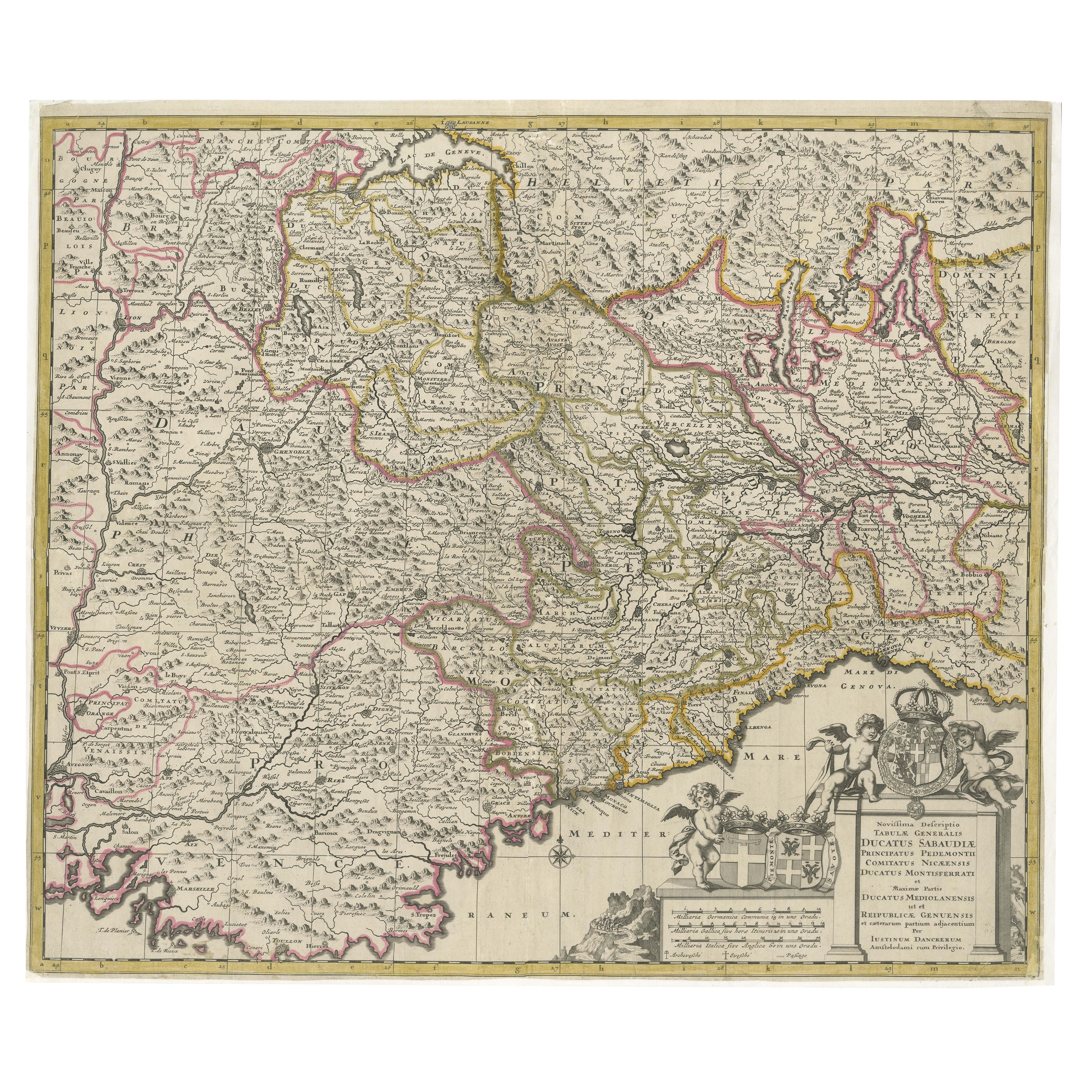 Antique Map of Piedmont, Savoy and Liguria by Justus Danckerts, Amsterdam c.1690
