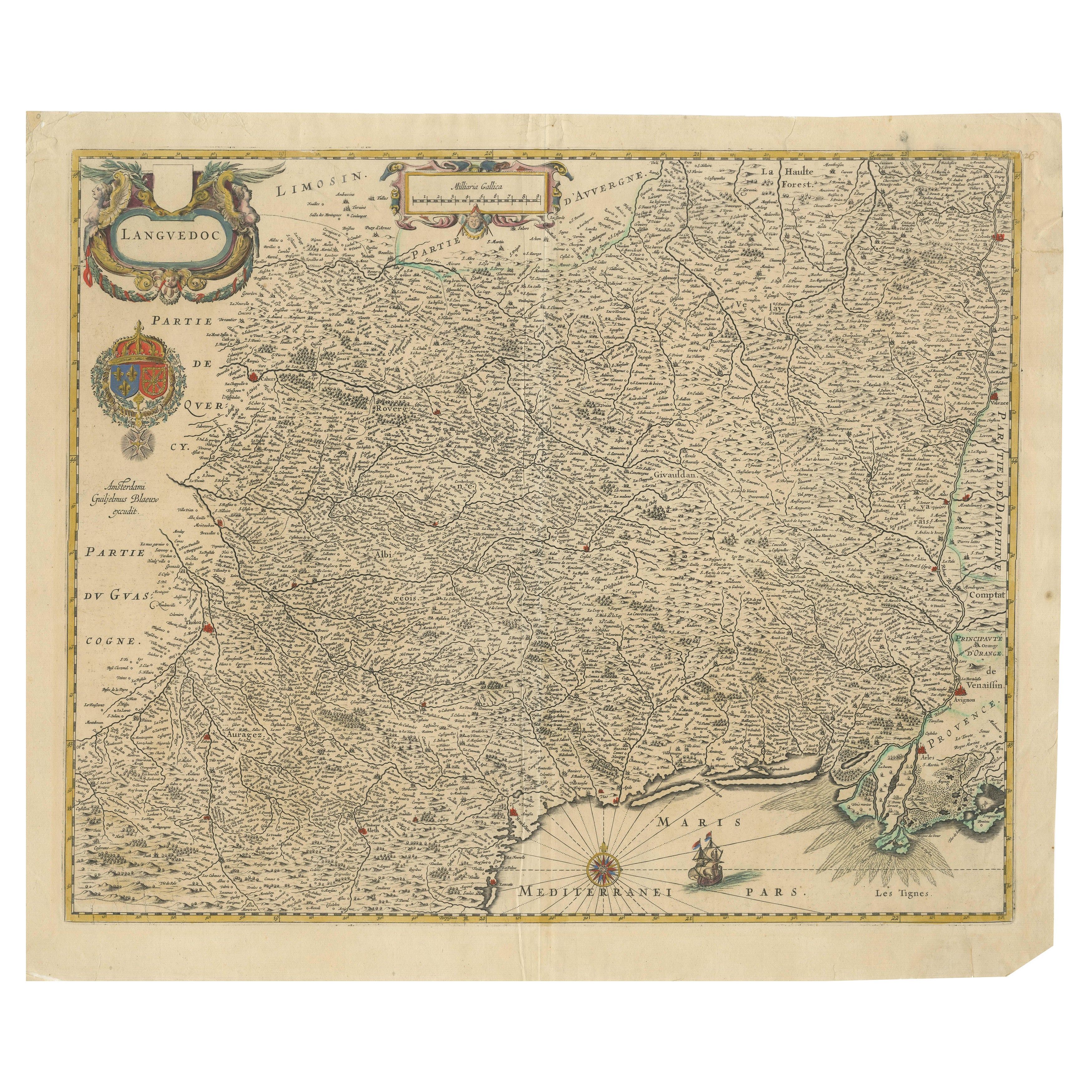 Map of Languedoc by Willem Blaeu, Antique French Copper Engraving 1635 For Sale