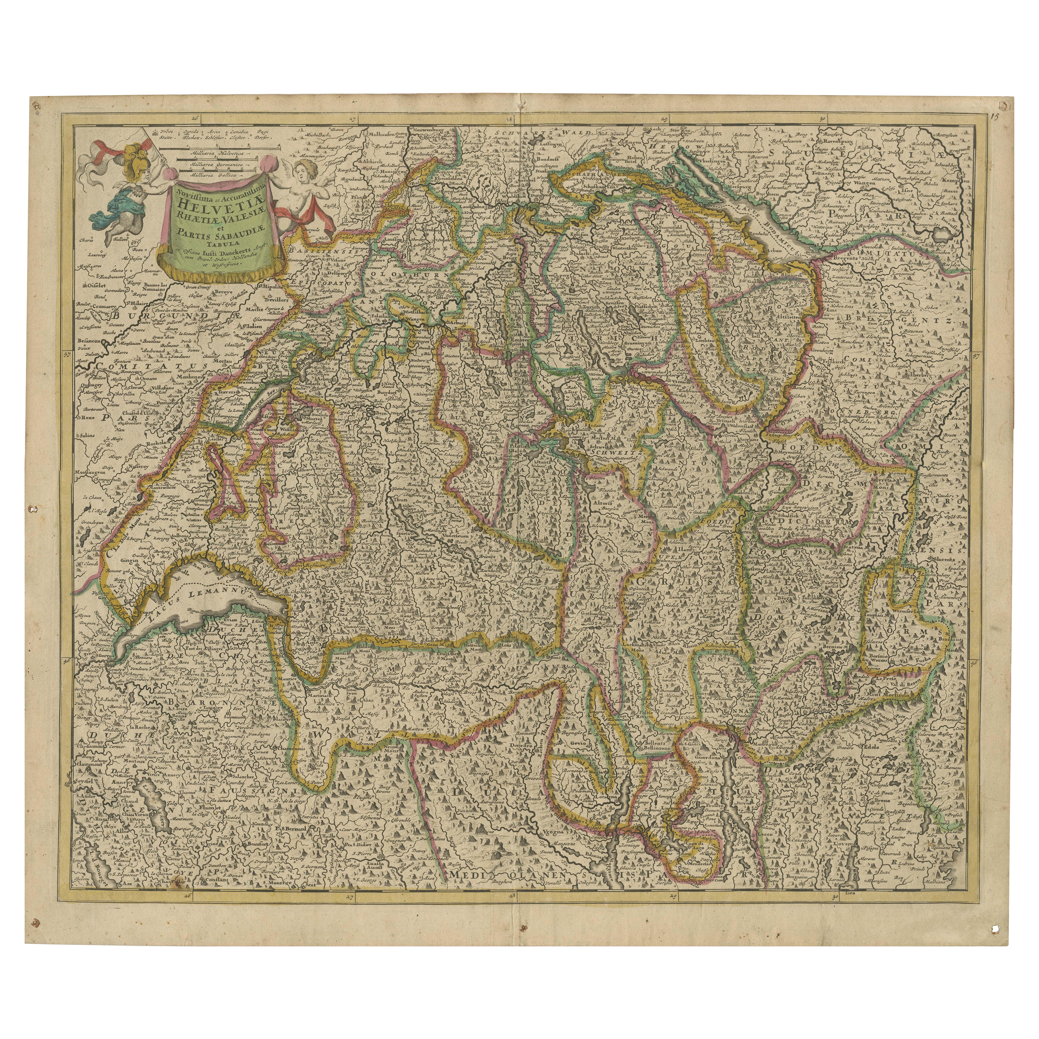Map of Switzerland by Justus Danckerts, Hand-Colored Engraving ca. 1690
