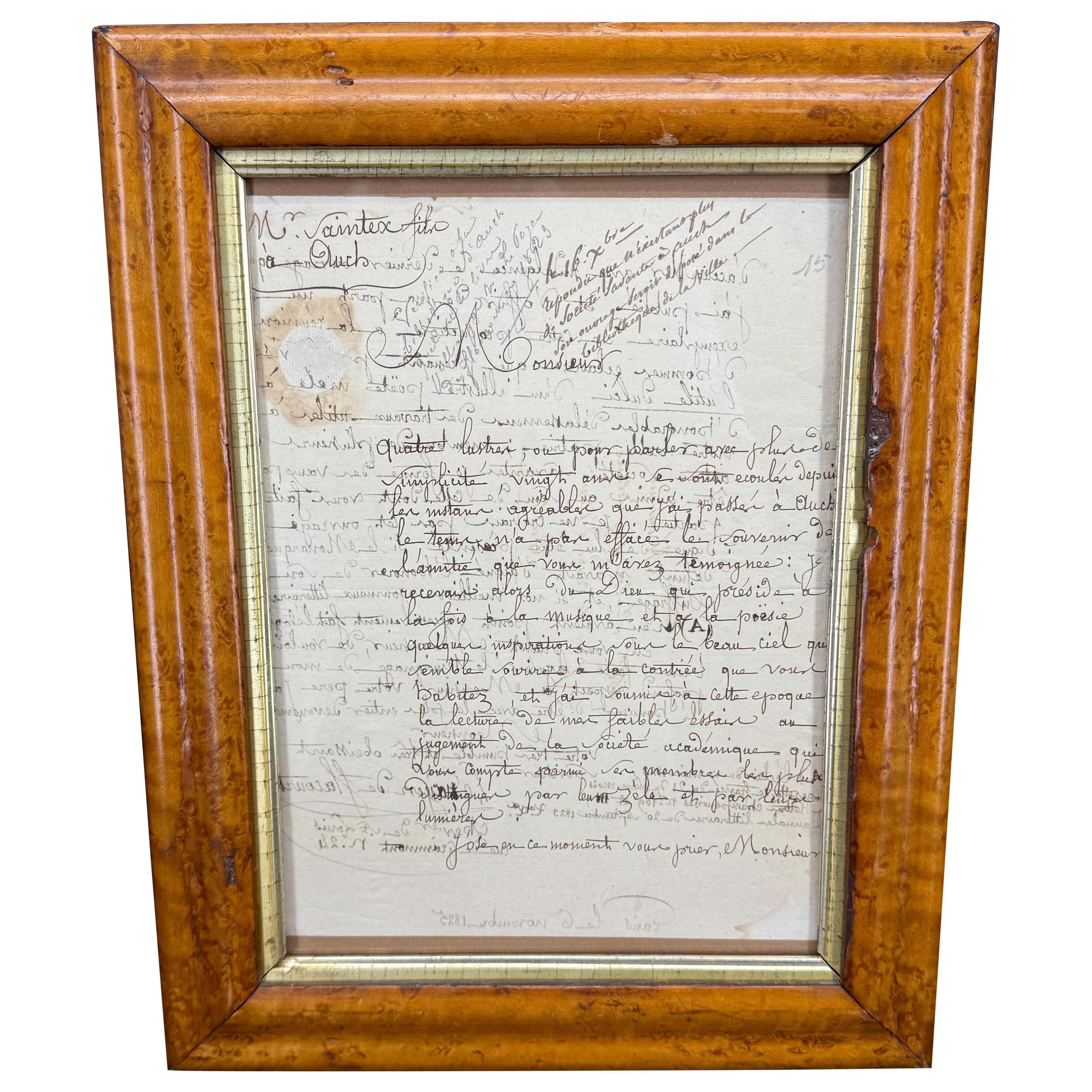 French 1825 Hand Written Letter Artwork in Burl Wood Frame For Sale