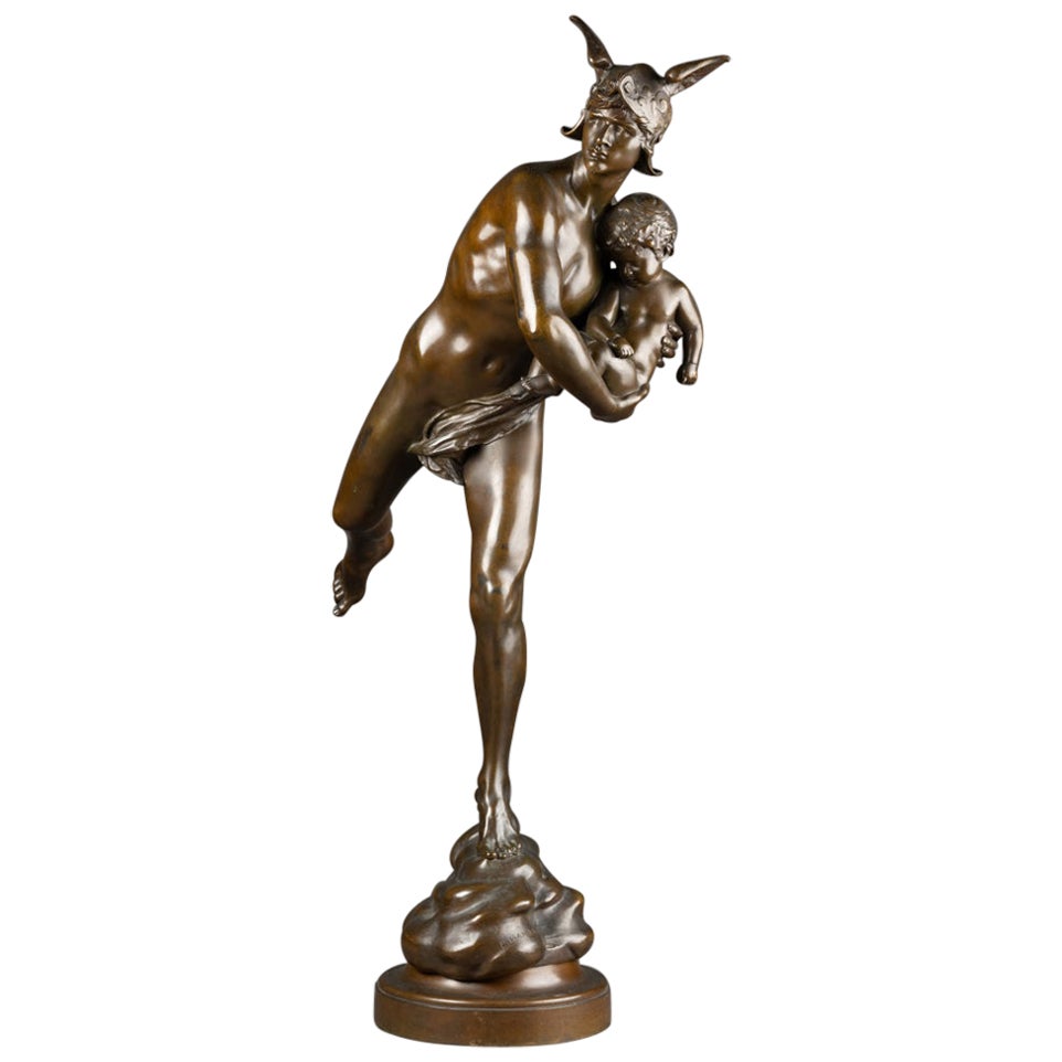 E. Hannaux : "Mercury and Cupid", patinated bronze sculpture C.1880
