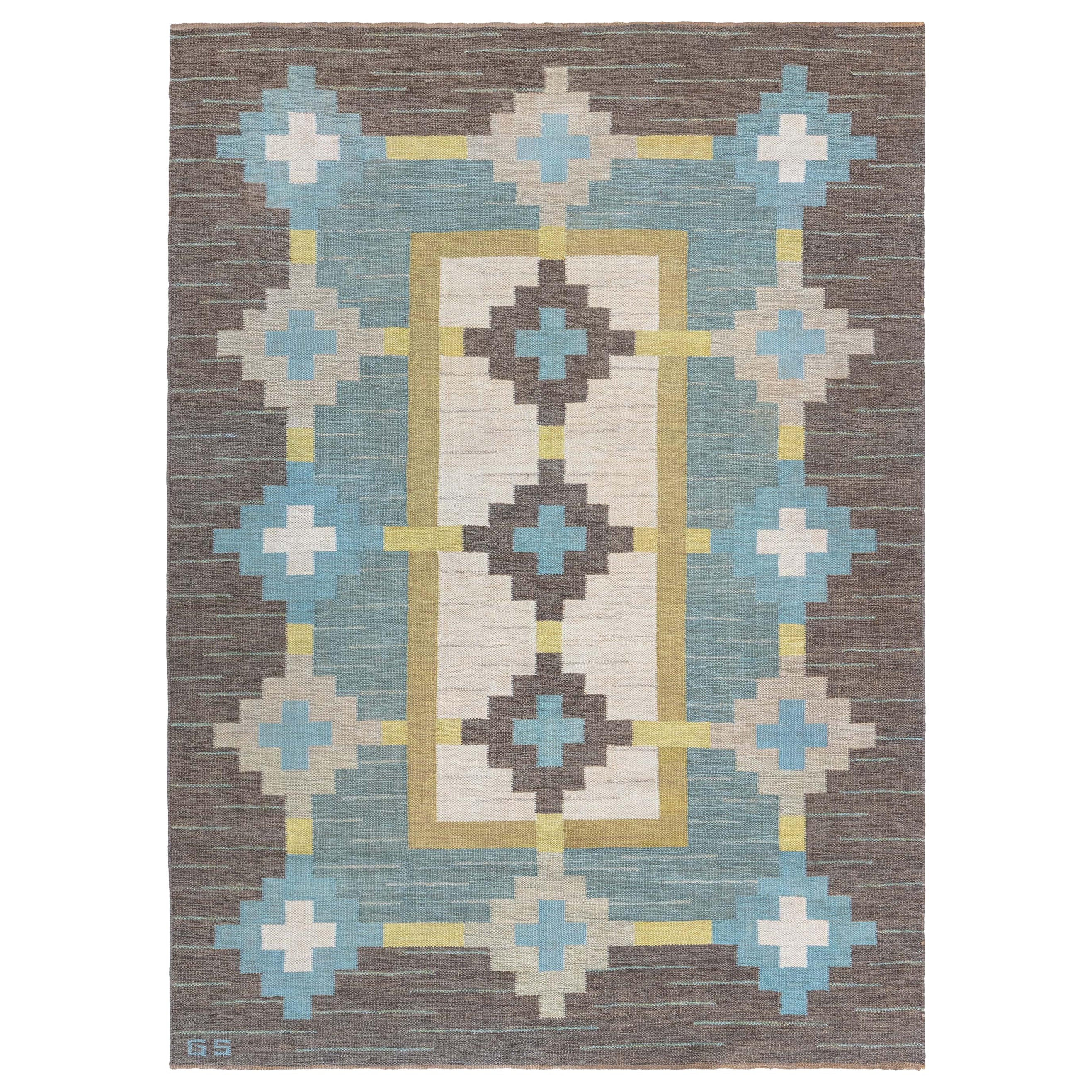 Doris Leslie Blau Vintage Swedish Flat Woven Rug Signed With Initials GS For Sale