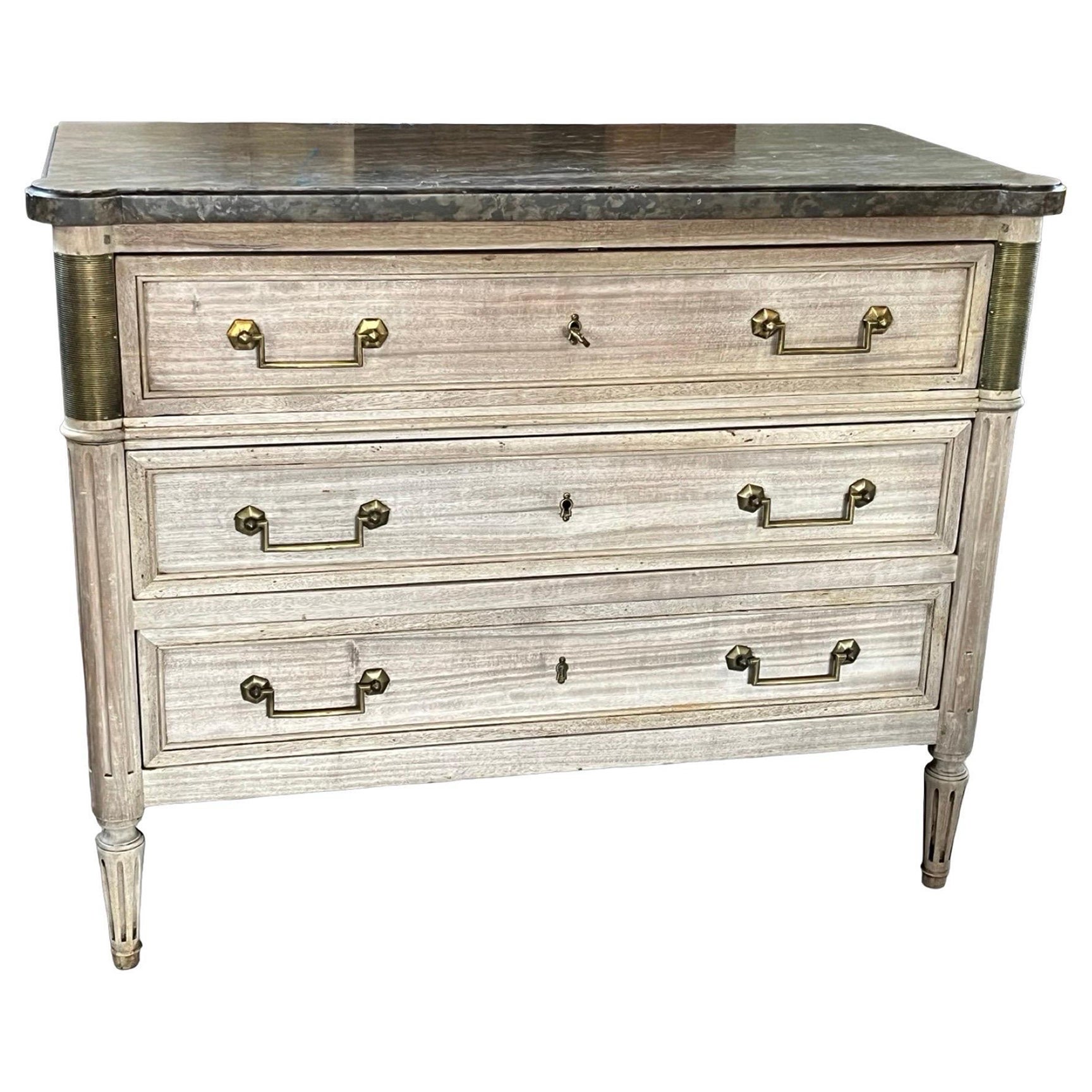 19th Century French Louis XVI Bleached Mahogany Secretaire / Commode With Marble