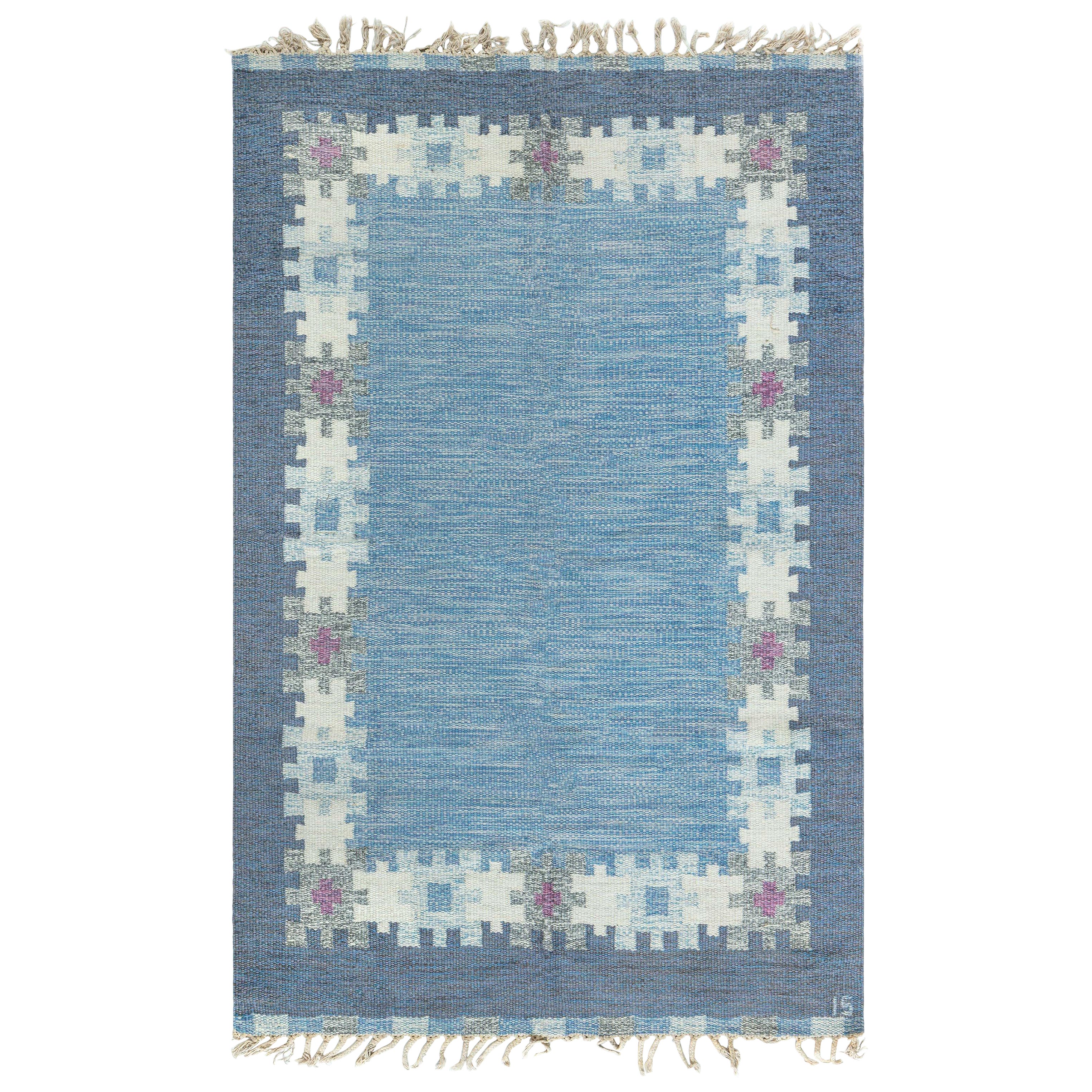 Doris Leslie Blau Vintage Swedish Flat Weave Rug by Ingegerd Silow, Signed “I.S. For Sale