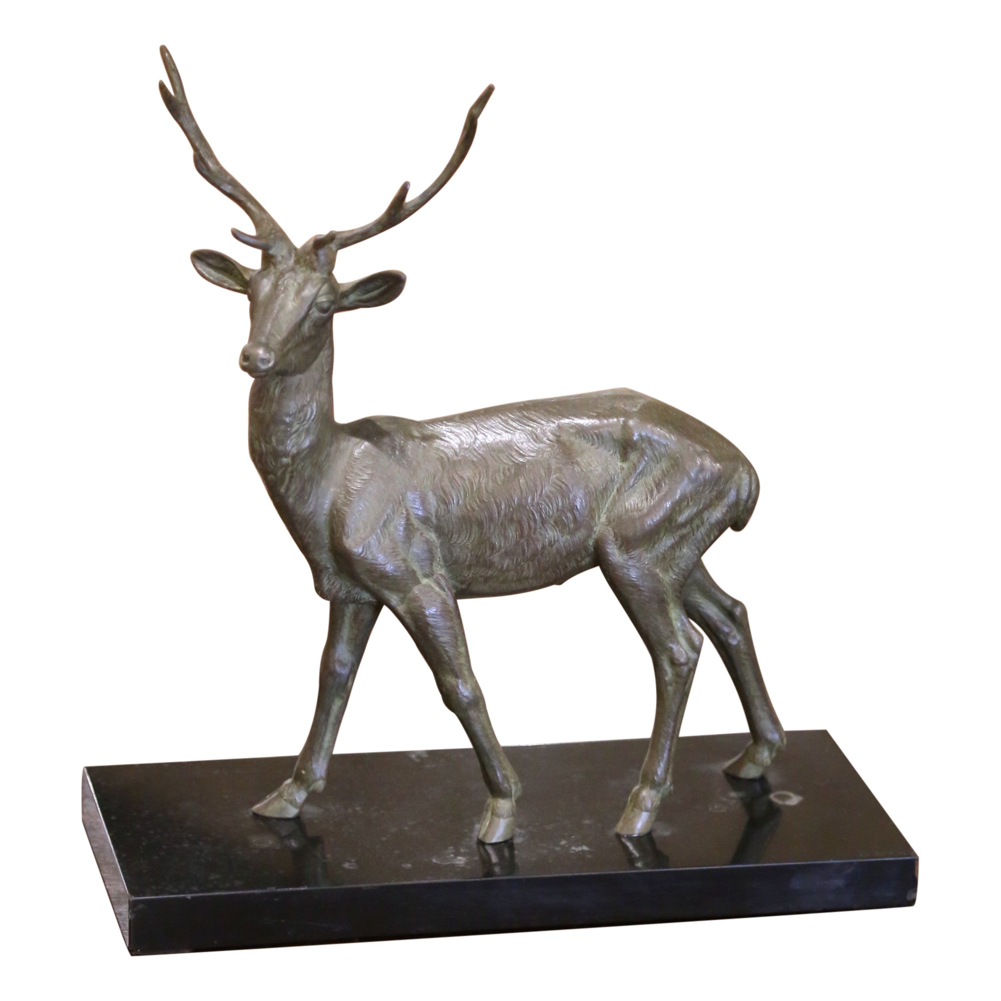 Early 20th Century French Spelter Stag Sculpture on Marble Base Signed M. Leducq