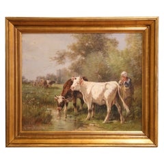 Early 20th Century Oil Painting of Cattle Watering, in the Manner of H. Schouten